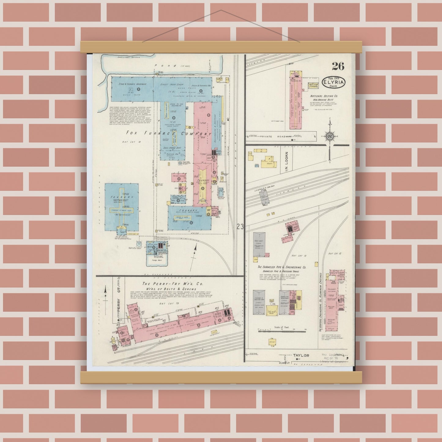Old map wall art mockup — magnetic wood frame on brick wall — Sanborn Fire Insurance Map from Elyria, Lorain County, Ohio (1915), Sheet #0026