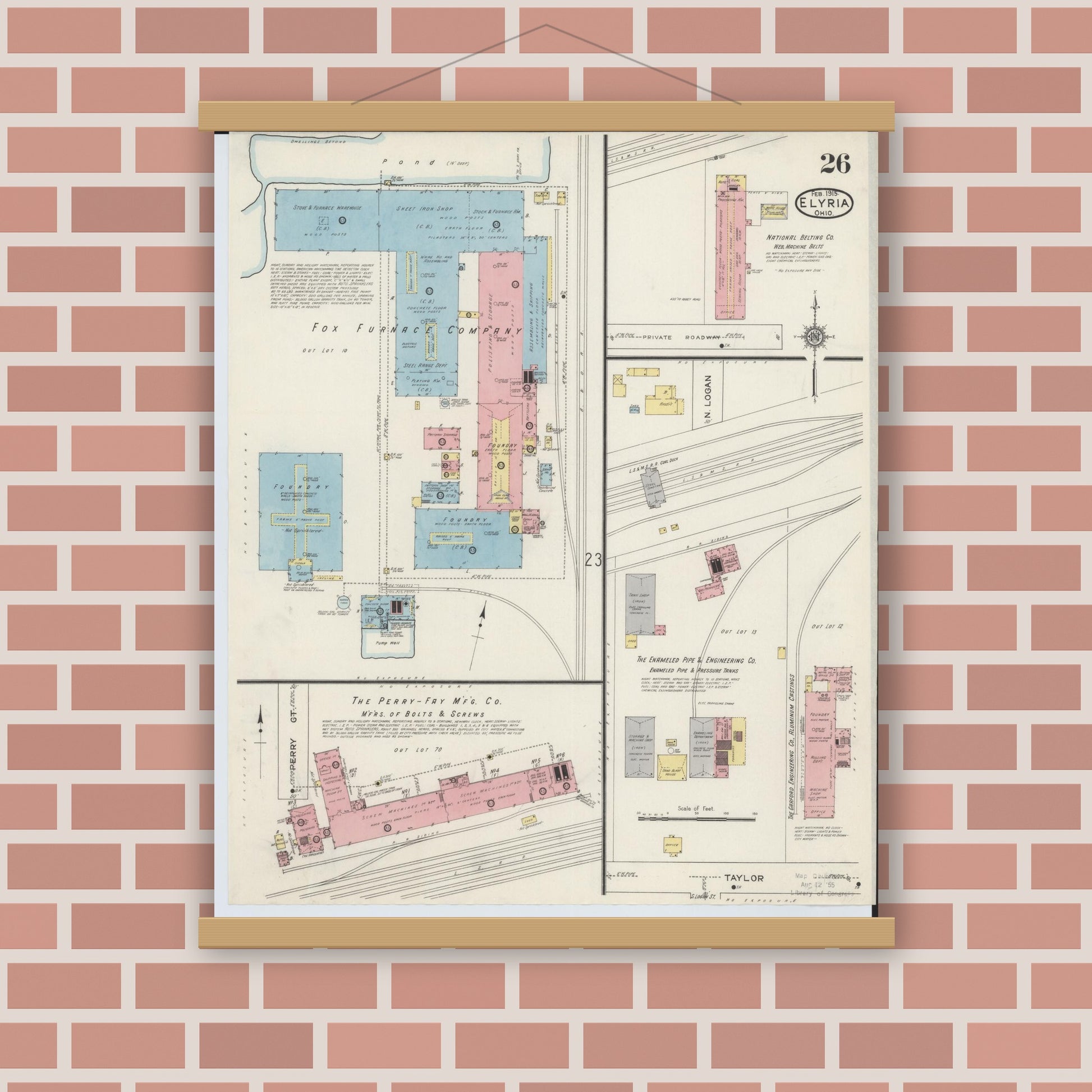 Old map wall art mockup — magnetic wood frame on brick wall — Sanborn Fire Insurance Map from Elyria, Lorain County, Ohio (1915), Sheet #0026