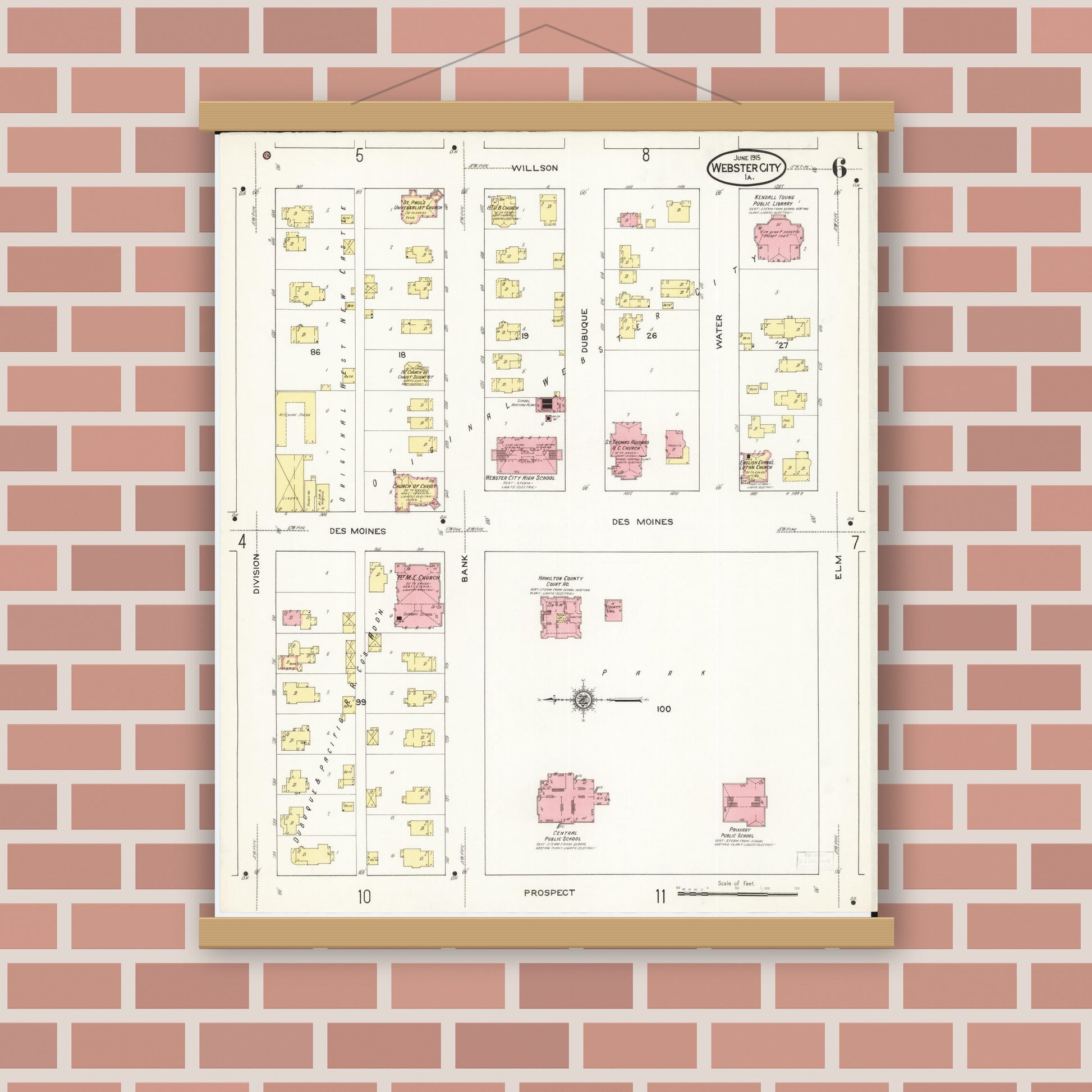 Old map wall art mockup — magnetic wood frame on brick wall — Sanborn Fire Insurance Map from Webster City, Hamilton County, Iowa (1915), Sheet #0006