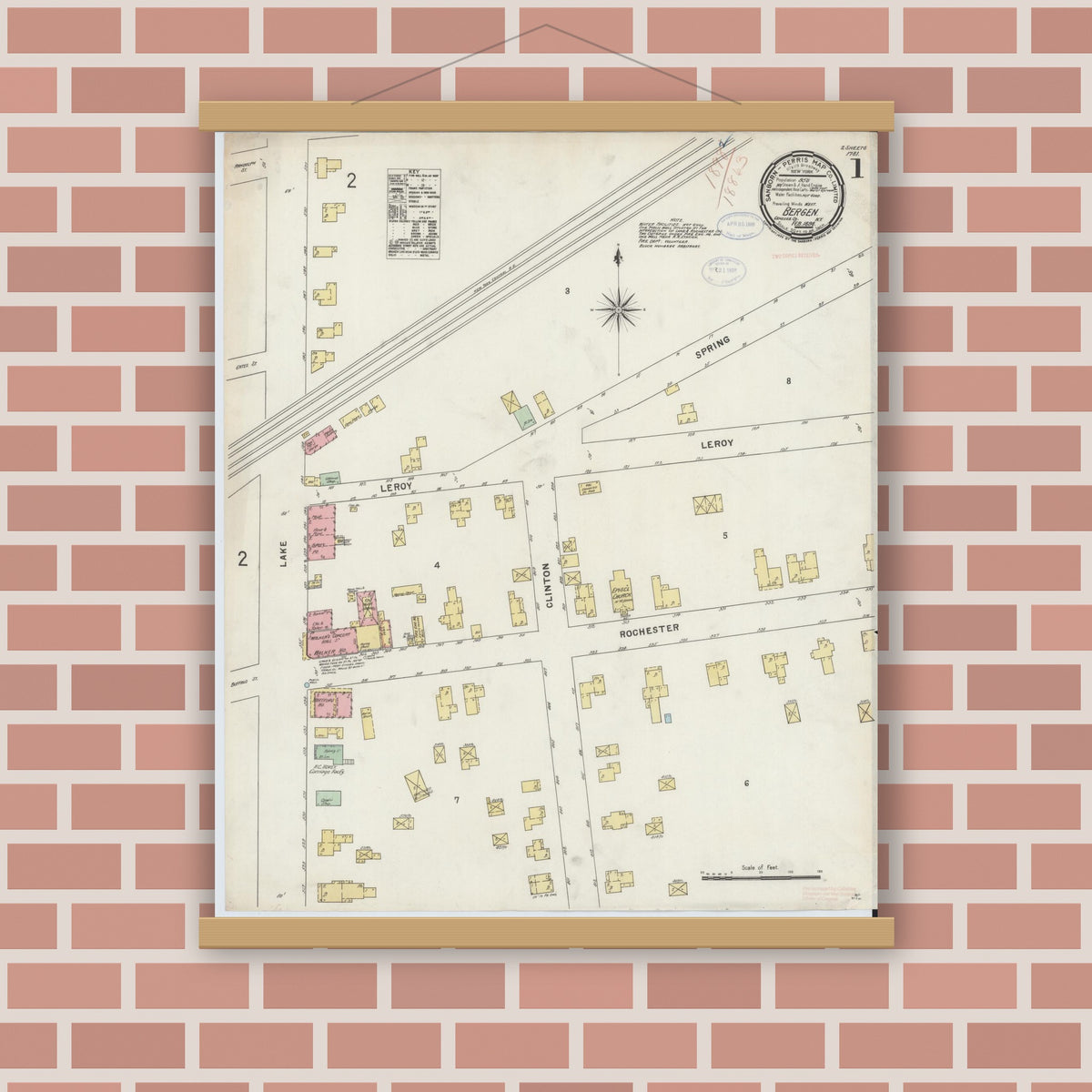 Old map wall art mockup — magnetic wood frame on brick wall — Sanborn Fire Insurance Map from Bergen, Genesee County, New York (1898) - Complete Map Set
