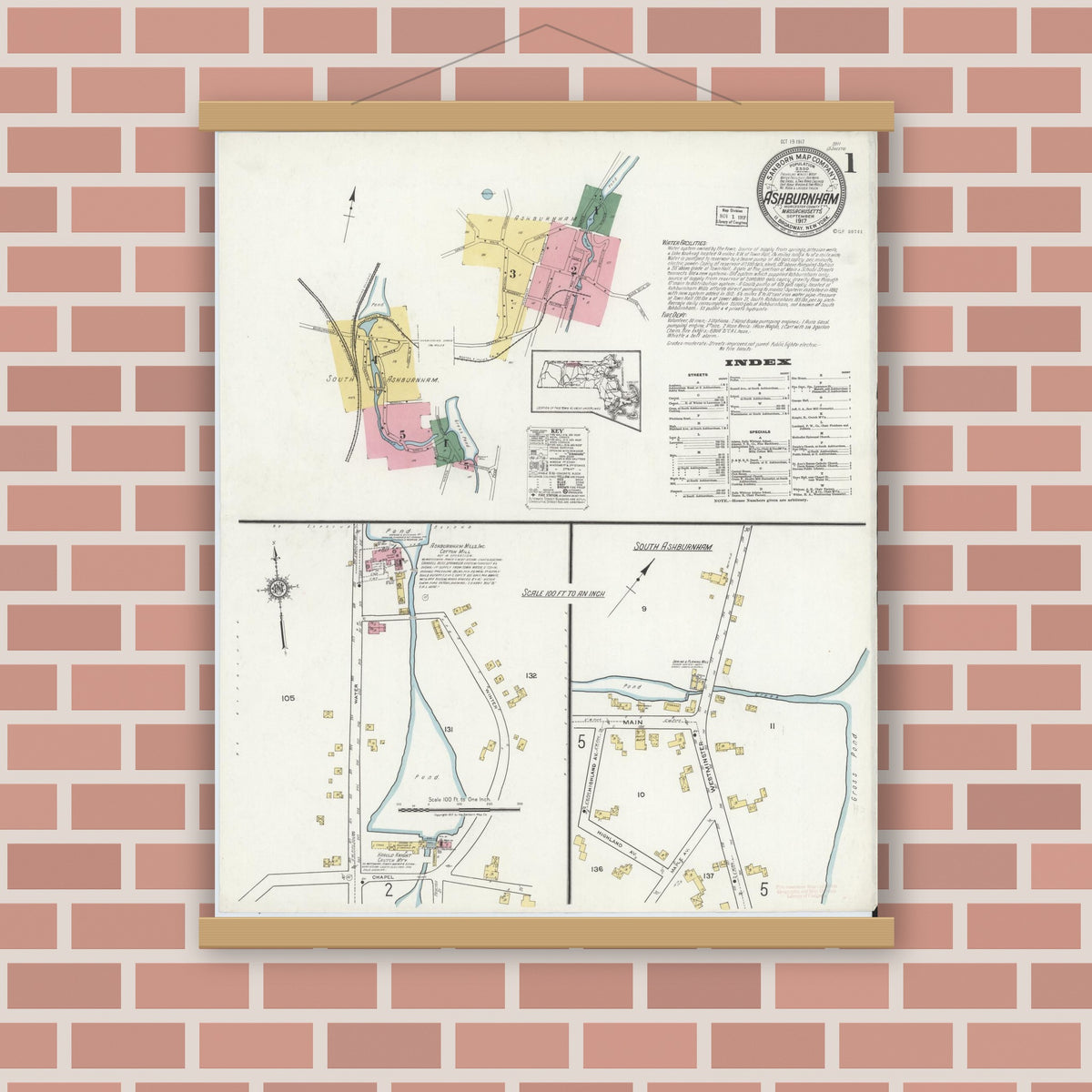 Old map wall art mockup — magnetic wood frame on brick wall — Sanborn Fire Insurance Map from Ashburnham, Worcester County, Massachusetts (1917) - Complete Map Set