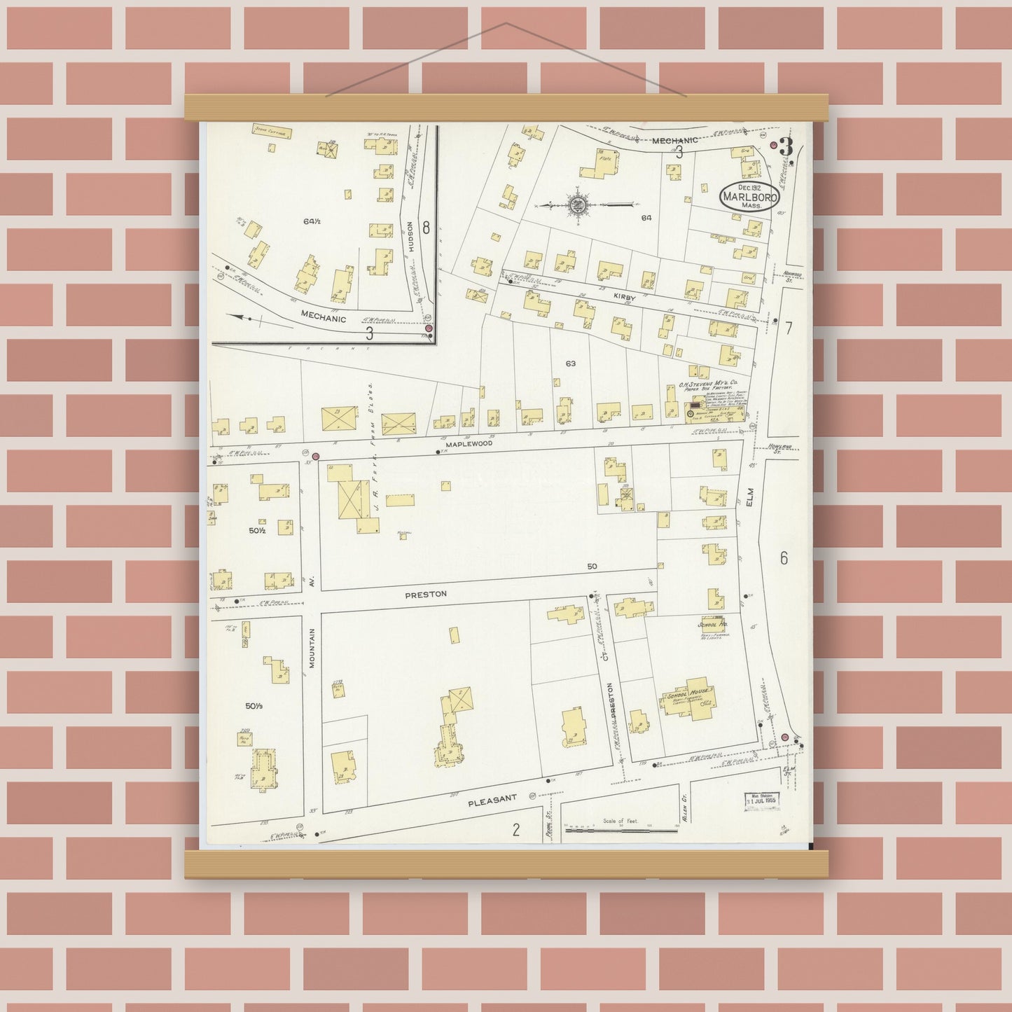 Old map wall art mockup — magnetic wood frame on brick wall — Sanborn Fire Insurance Map from Marlborough, Middlesex County, Massachusetts (1912), Sheet #0003