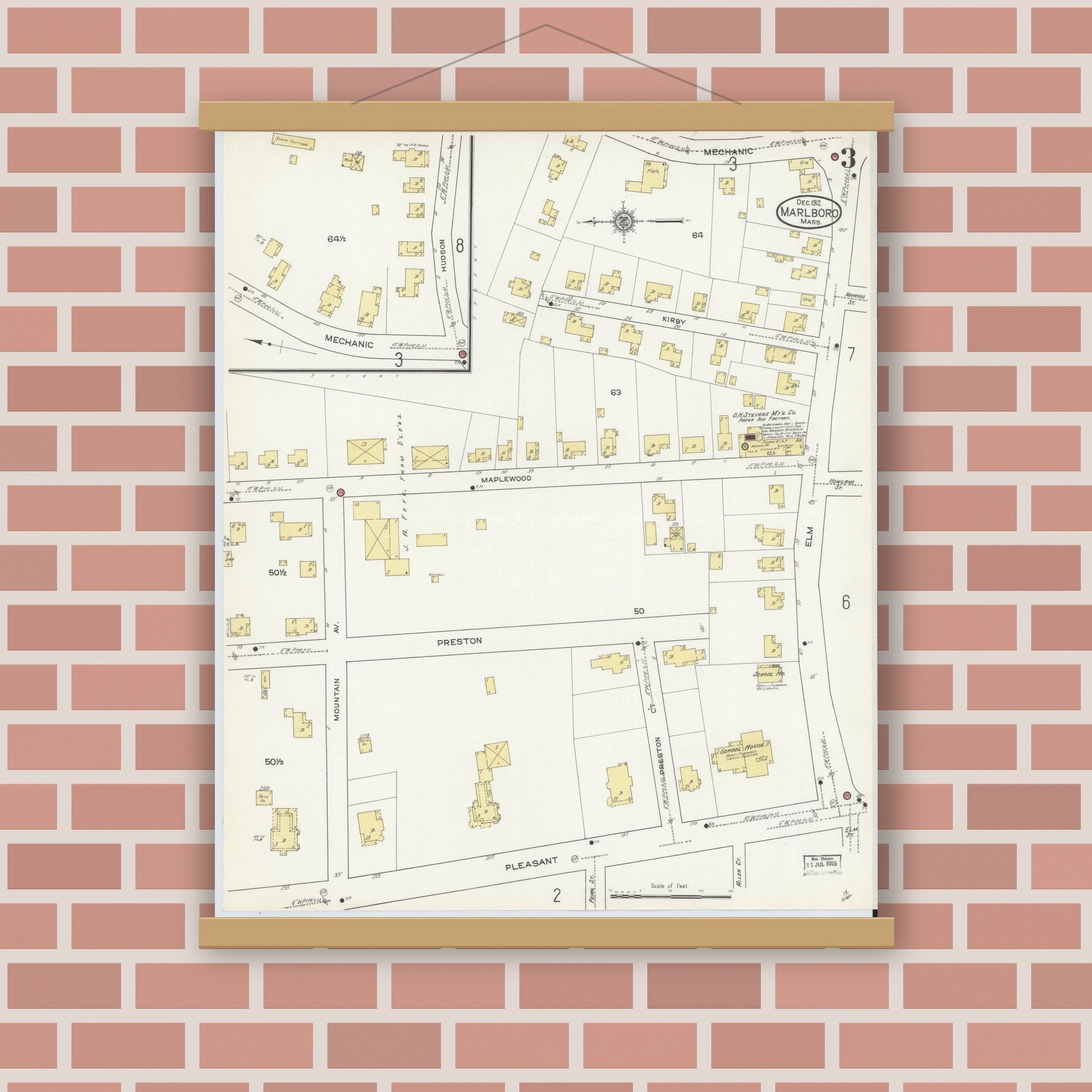 Old map wall art mockup — magnetic wood frame on brick wall — Sanborn Fire Insurance Map from Marlborough, Middlesex County, Massachusetts (1912), Sheet #0003