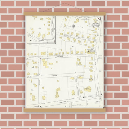 Old map wall art mockup — magnetic wood frame on brick wall — Sanborn Fire Insurance Map from Marlborough, Middlesex County, Massachusetts (1912), Sheet #0003