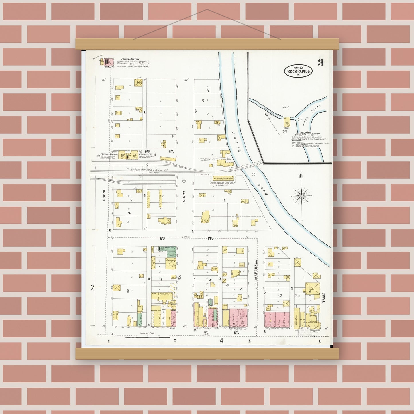 Old map wall art mockup — magnetic wood frame on brick wall — Sanborn Fire Insurance Map from Rock Rapids, Lyon County, Iowa (1899), Sheet #0003