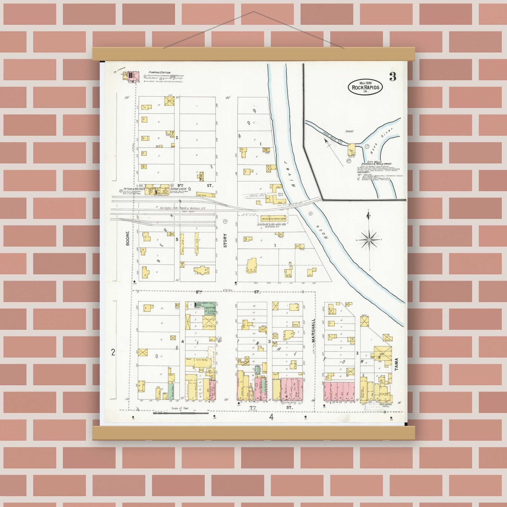 Old map wall art mockup — magnetic wood frame on brick wall — Sanborn Fire Insurance Map from Rock Rapids, Lyon County, Iowa (1899), Sheet #0003