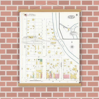 Old map wall art mockup — magnetic wood frame on brick wall — Sanborn Fire Insurance Map from Rock Rapids, Lyon County, Iowa (1899), Sheet #0003