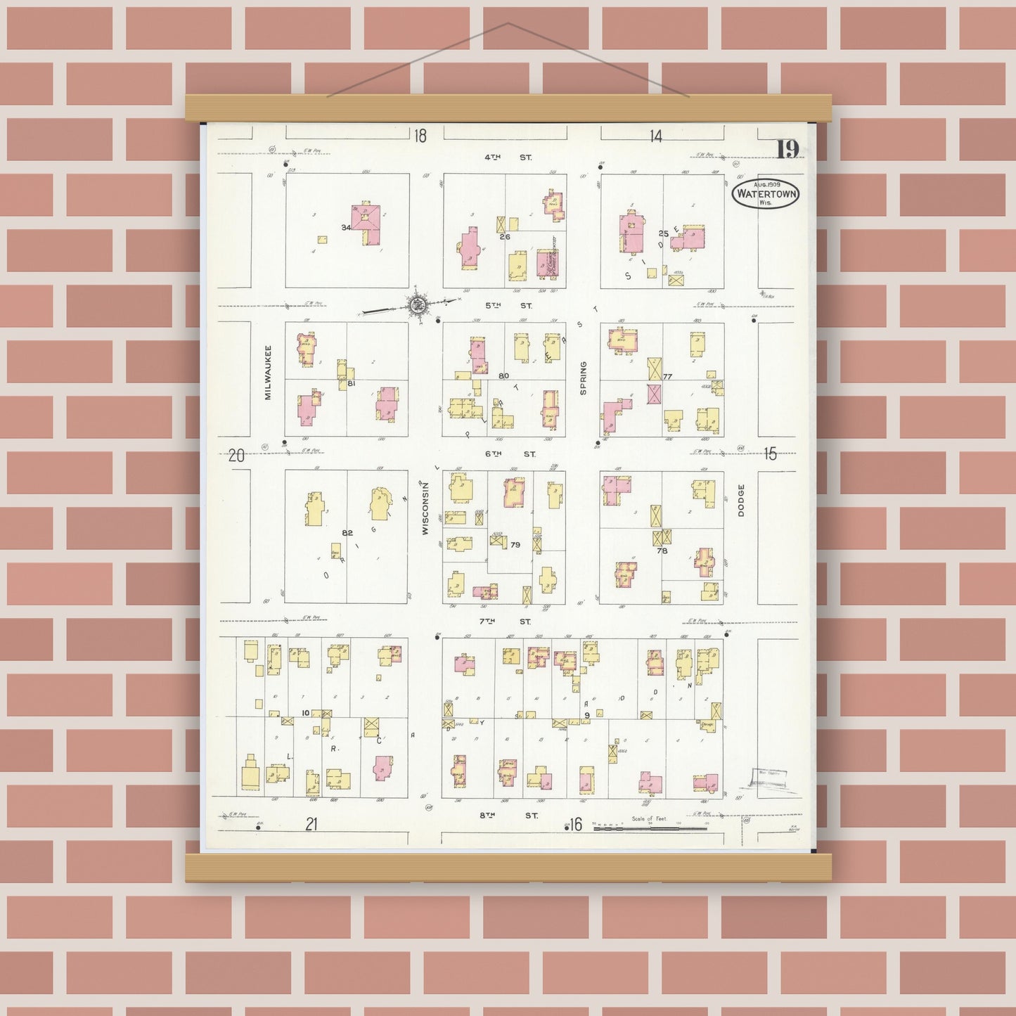 Old map wall art mockup — magnetic wood frame on brick wall — Sanborn Fire Insurance Map from Watertown, Jefferson County, Wisconsin (1909), Sheet #0019