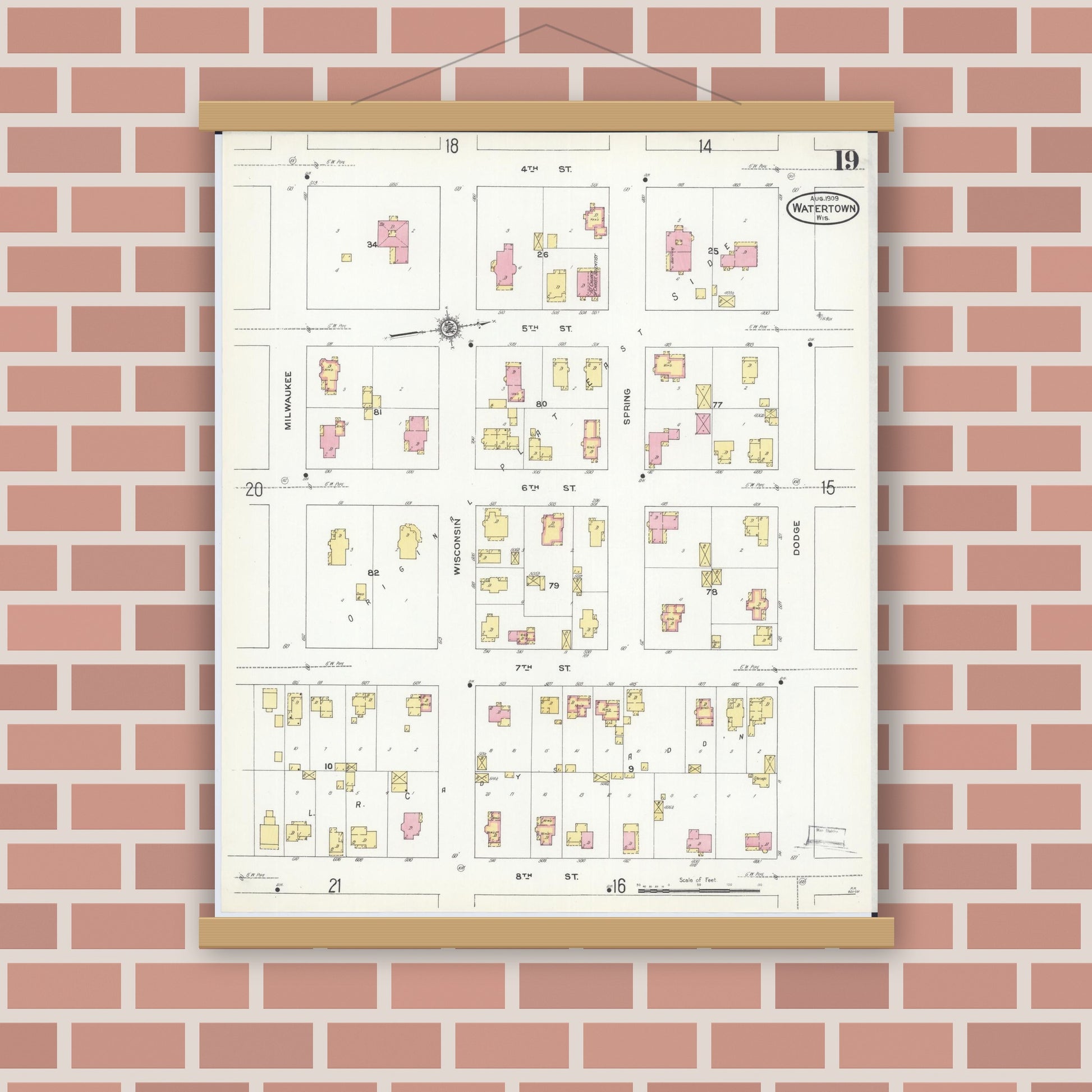 Old map wall art mockup — magnetic wood frame on brick wall — Sanborn Fire Insurance Map from Watertown, Jefferson County, Wisconsin (1909), Sheet #0019