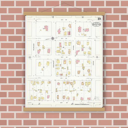Old map wall art mockup — magnetic wood frame on brick wall — Sanborn Fire Insurance Map from Watertown, Jefferson County, Wisconsin (1909), Sheet #0019