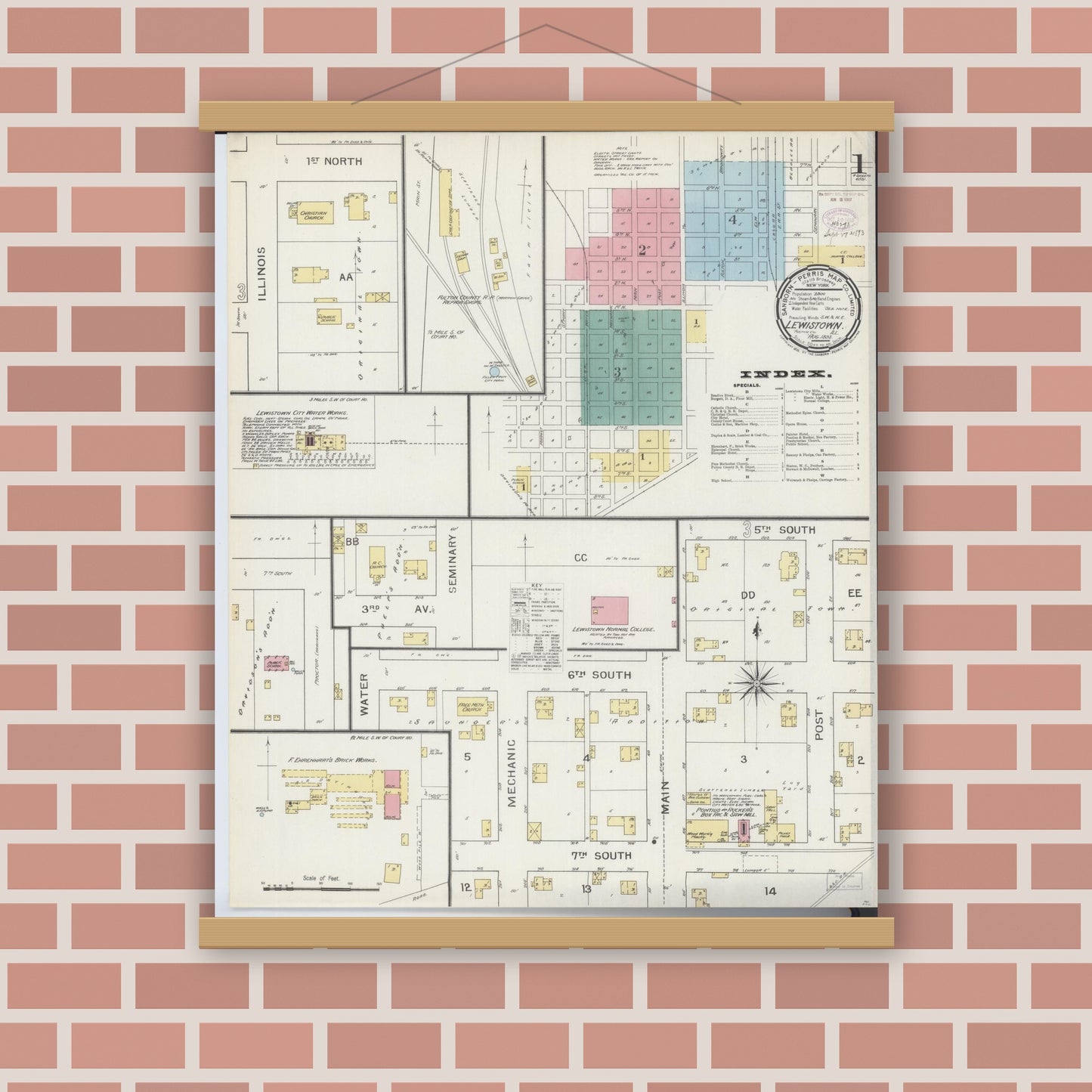 Old map wall art mockup — magnetic wood frame on brick wall — Sanborn Fire Insurance Map from Lewistown, Fulton County, Illinois (1893) - Complete Map Set