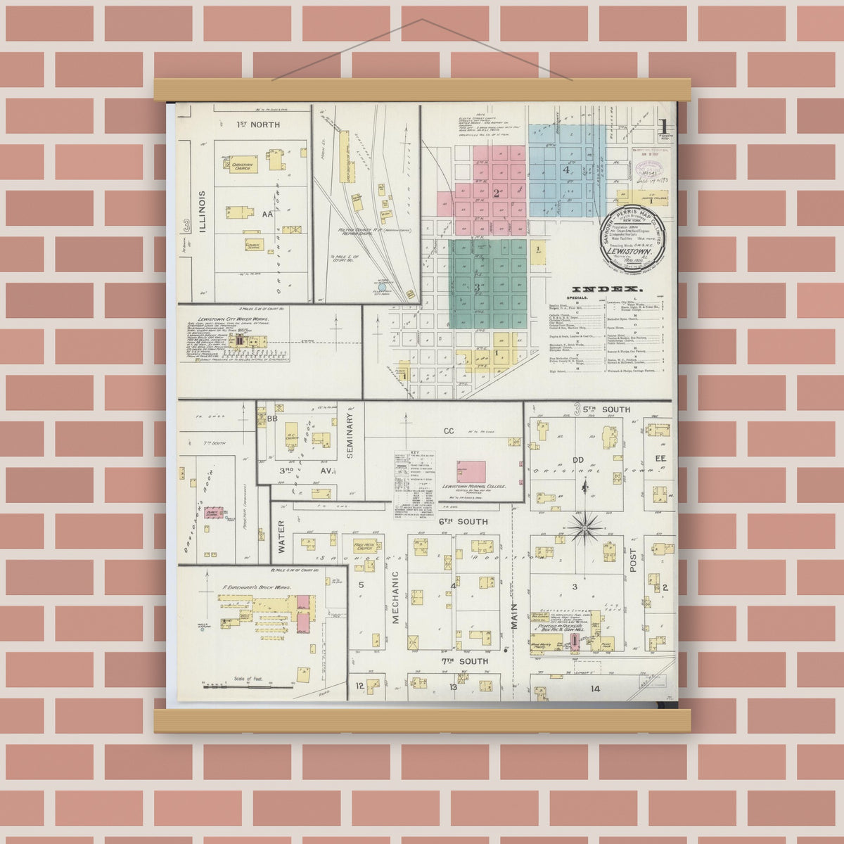 Old map wall art mockup — magnetic wood frame on brick wall — Sanborn Fire Insurance Map from Lewistown, Fulton County, Illinois (1893) - Complete Map Set