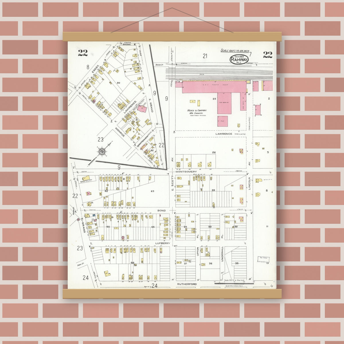 Old map wall art mockup — magnetic wood frame on brick wall — Sanborn Fire Insurance Map from Rahway, Union County, New Jersey (1923), Sheet #0022