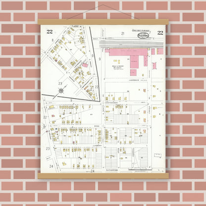 Old map wall art mockup — magnetic wood frame on brick wall — Sanborn Fire Insurance Map from Rahway, Union County, New Jersey (1923), Sheet #0022