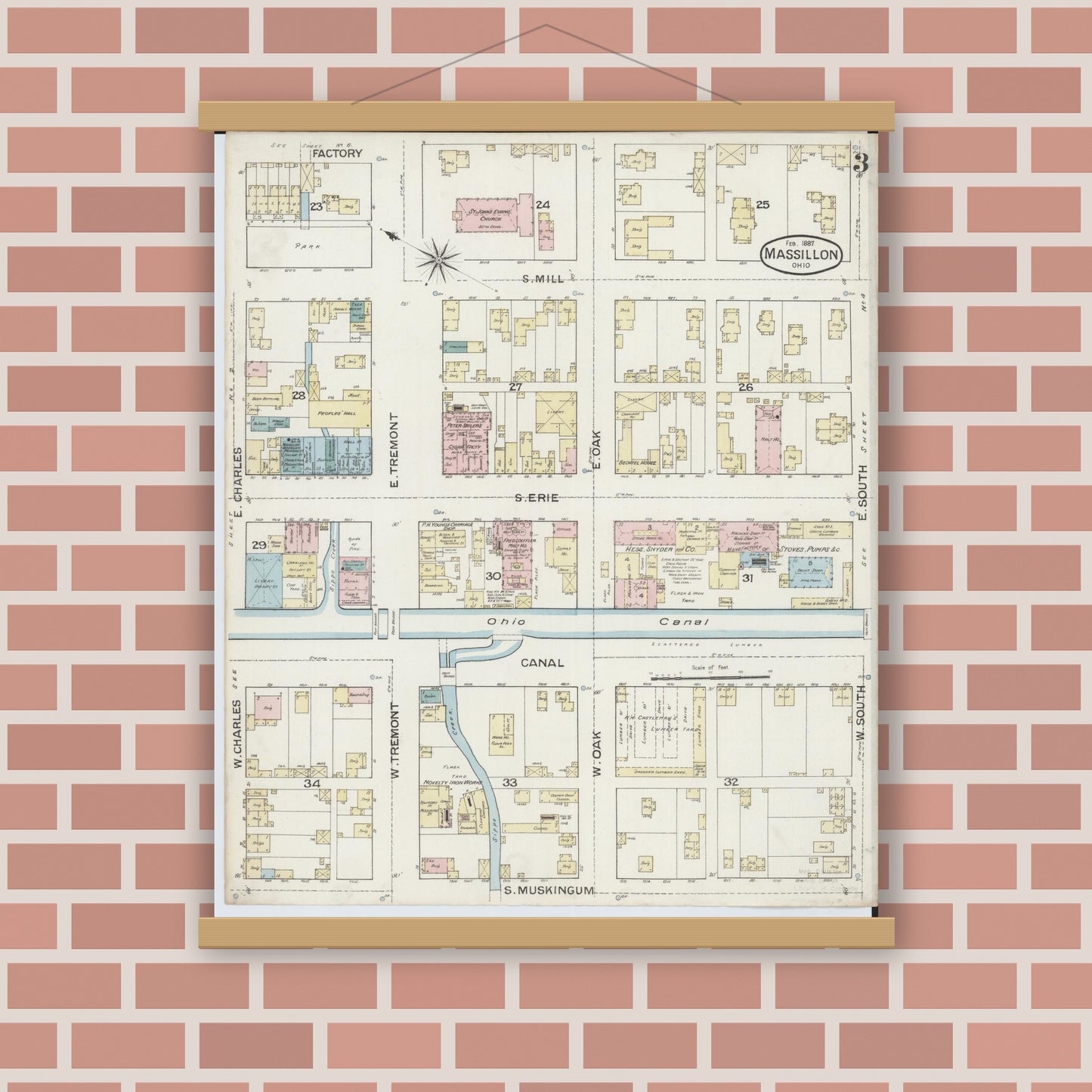 Old map wall art mockup — magnetic wood frame on brick wall — Sanborn Fire Insurance Map from Massillon, Stark County, Ohio (1887), Sheet #0003