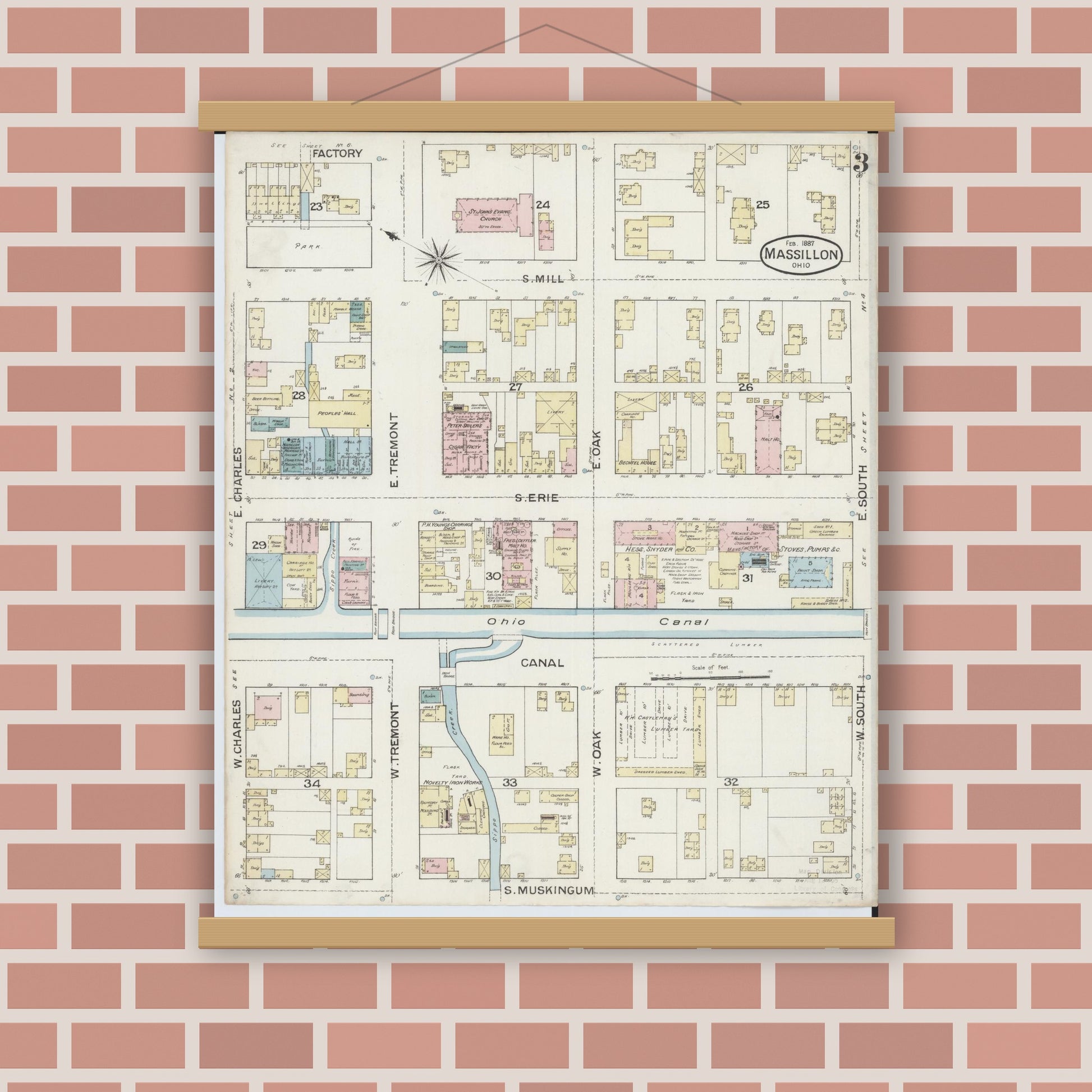 Old map wall art mockup — magnetic wood frame on brick wall — Sanborn Fire Insurance Map from Massillon, Stark County, Ohio (1887), Sheet #0003