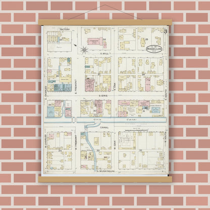 Old map wall art mockup — magnetic wood frame on brick wall — Sanborn Fire Insurance Map from Massillon, Stark County, Ohio (1887), Sheet #0003