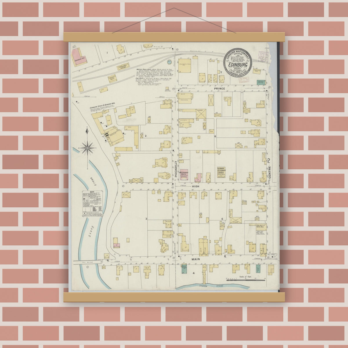 Old map wall art mockup — magnetic wood frame on brick wall — Sanborn Fire Insurance Map from Edinburg, Shenandoah County, Virginia (1908), Sheet #0001