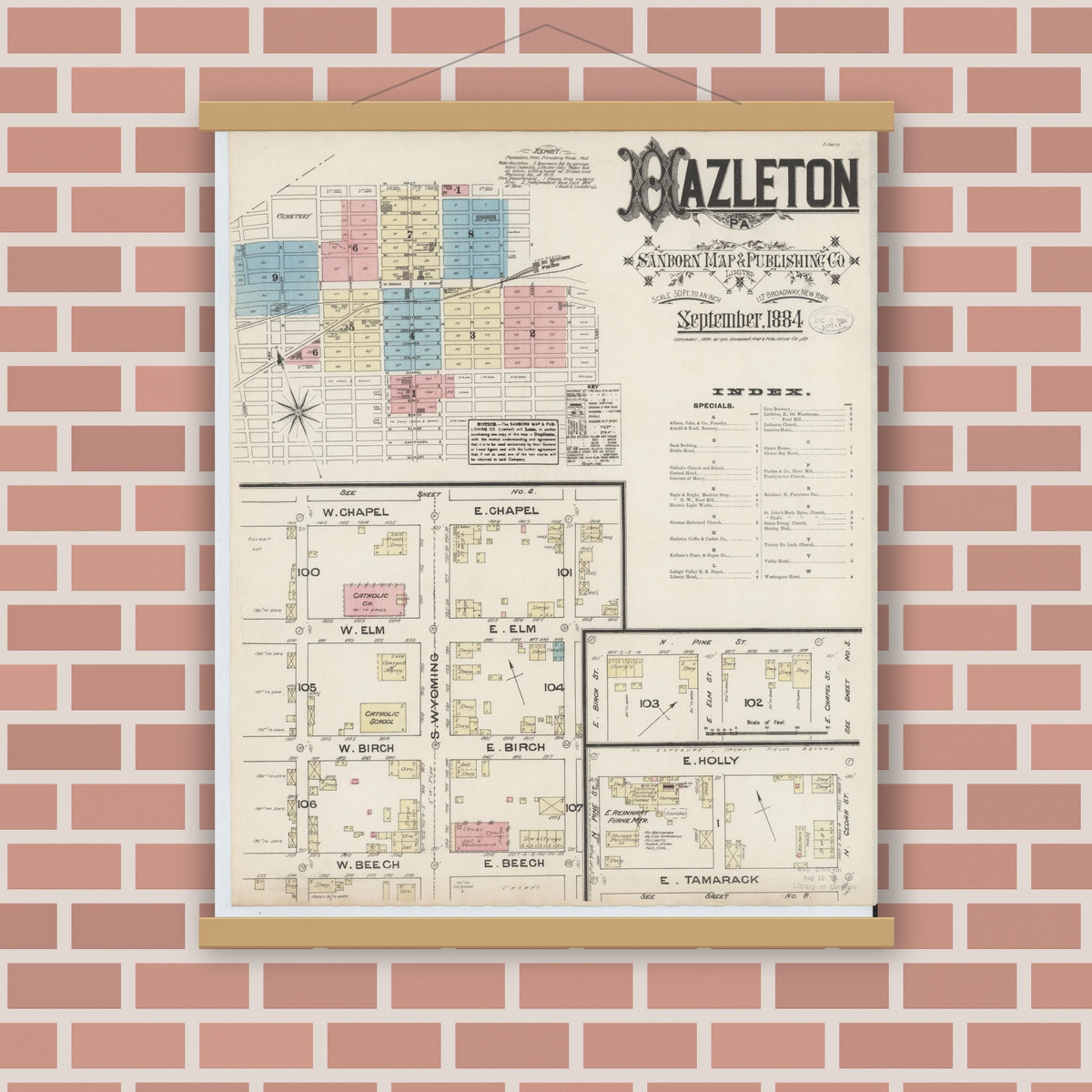 Old map wall art mockup — magnetic wood frame on brick wall — Sanborn Fire Insurance Map from Hazleton, Luzerne County, Pennsylvania (1884), Sheet #0001