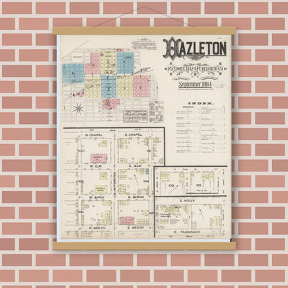 Old map wall art mockup — magnetic wood frame on brick wall — Sanborn Fire Insurance Map from Hazleton, Luzerne County, Pennsylvania (1884), Sheet #0001