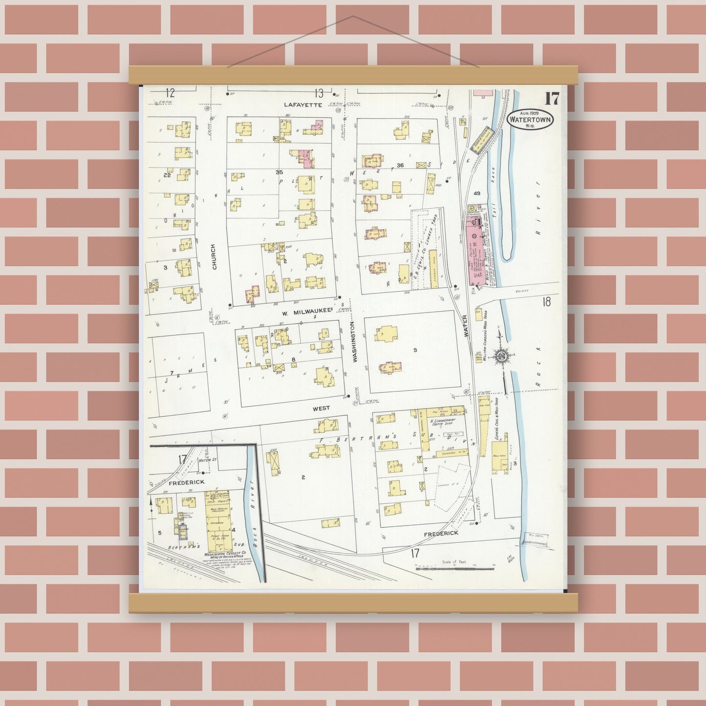 Old map wall art mockup — magnetic wood frame on brick wall — Sanborn Fire Insurance Map from Watertown, Jefferson County, Wisconsin (1909), Sheet #0017