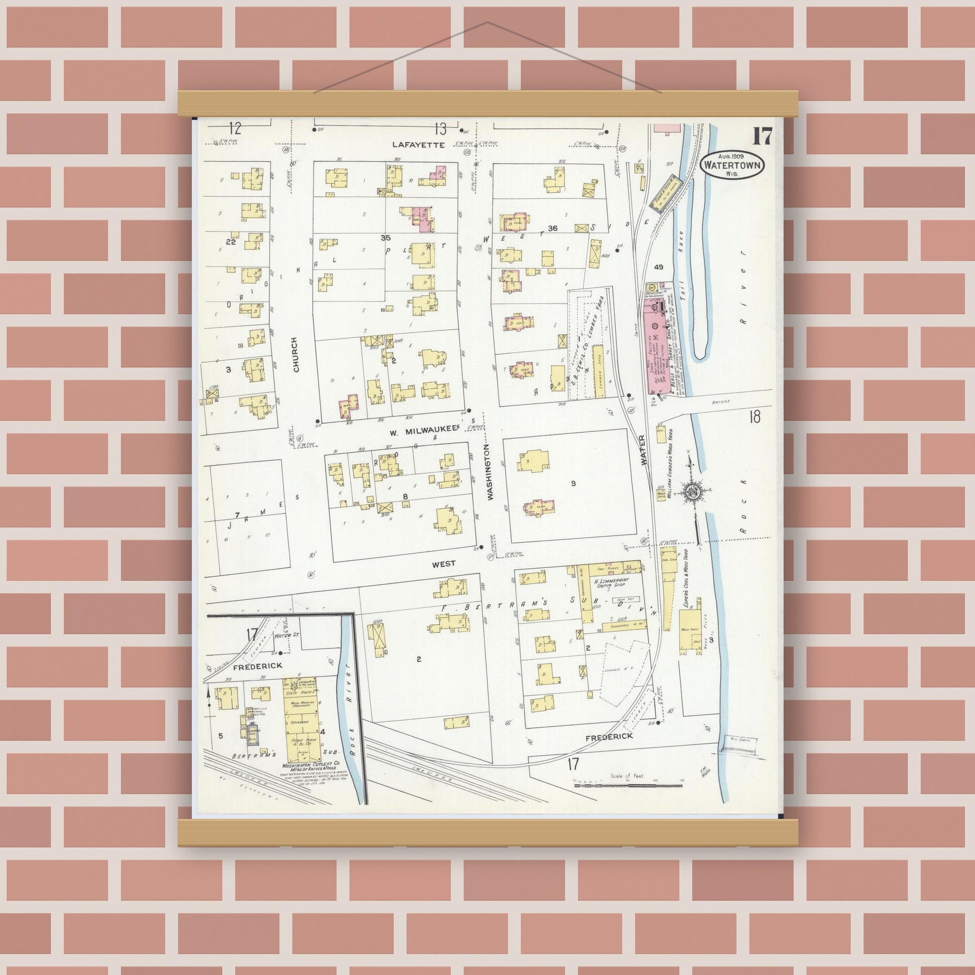 Old map wall art mockup — magnetic wood frame on brick wall — Sanborn Fire Insurance Map from Watertown, Jefferson County, Wisconsin (1909), Sheet #0017