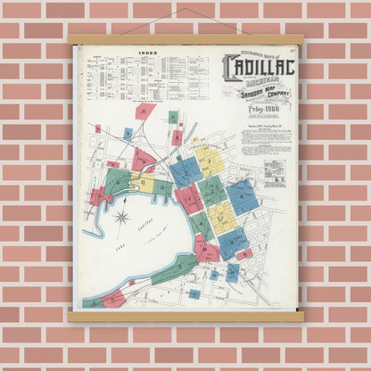 Old map wall art mockup — magnetic wood frame on brick wall — Sanborn Fire Insurance Map from Cadillac, Wexford County, Michigan (1906), Sheet #0001