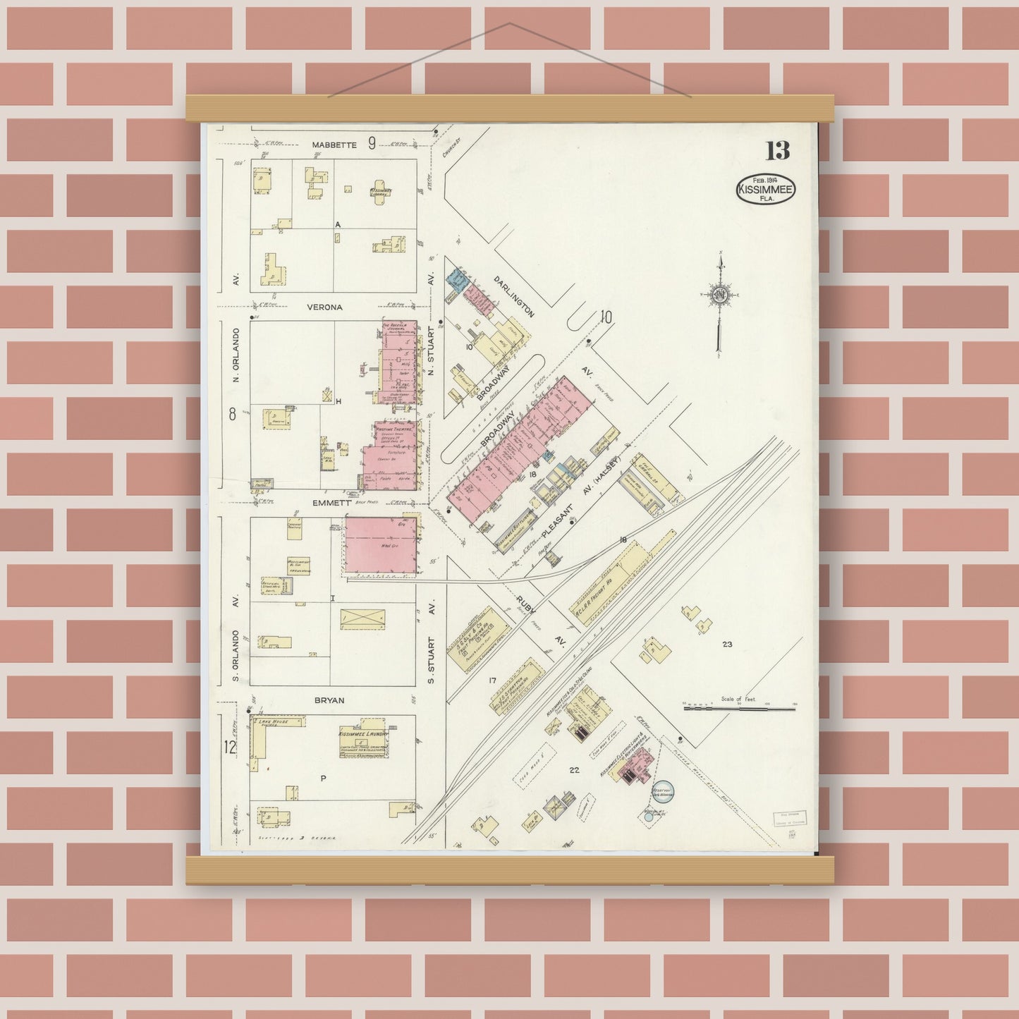 Old map wall art mockup — magnetic wood frame on brick wall — Sanborn Fire Insurance Map from Kissimmee, Osceola County, Florida (1914), Sheet #0013
