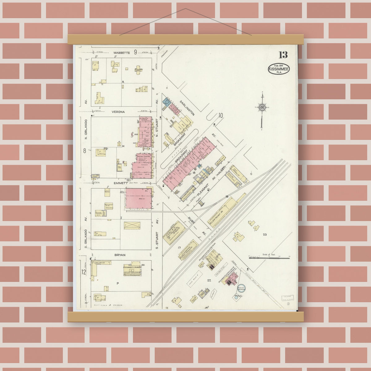 Old map wall art mockup — magnetic wood frame on brick wall — Sanborn Fire Insurance Map from Kissimmee, Osceola County, Florida (1914), Sheet #0013