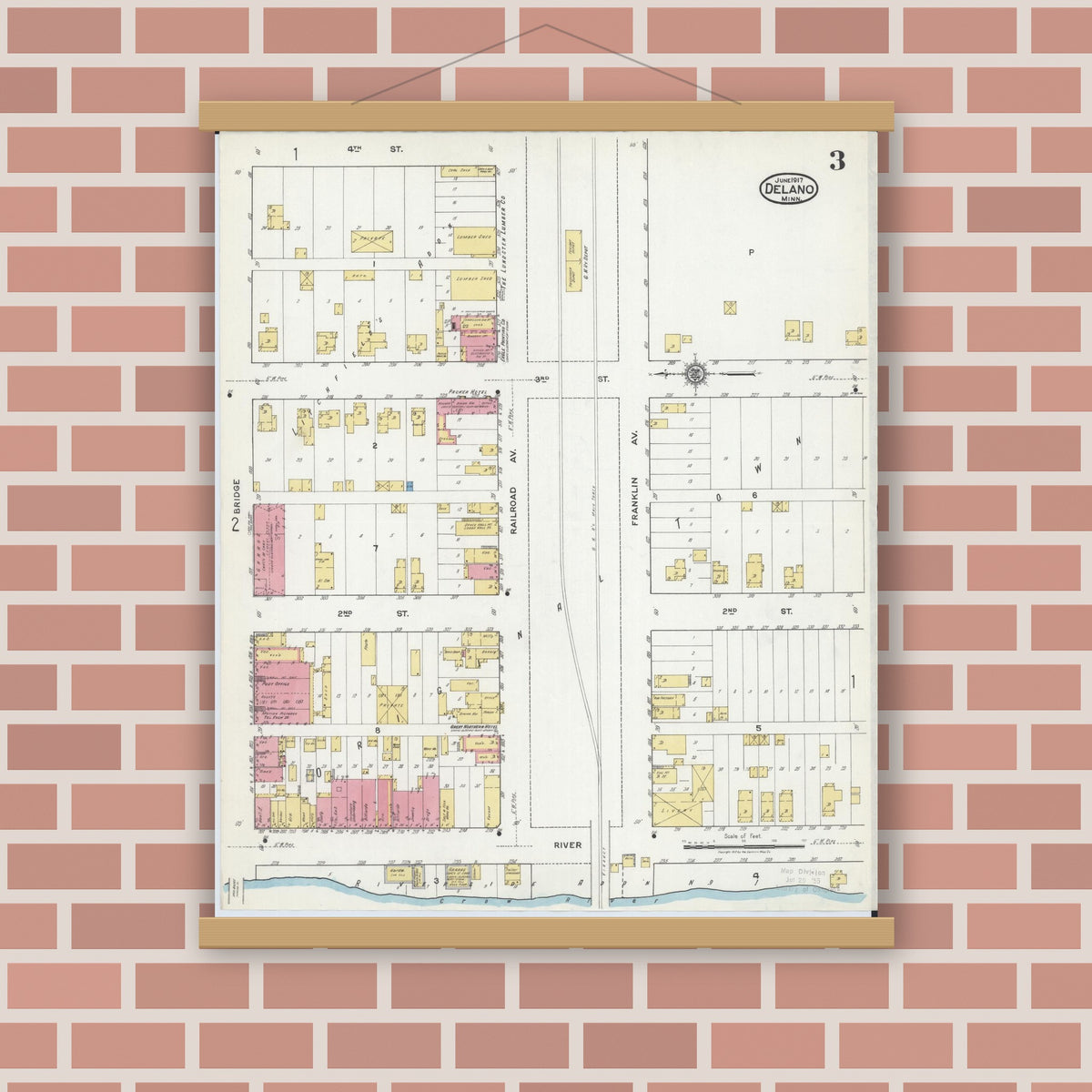 Old map wall art mockup — magnetic wood frame on brick wall — Sanborn Fire Insurance Map from Delano, Wright County, Minnesota (1917), Sheet #0003