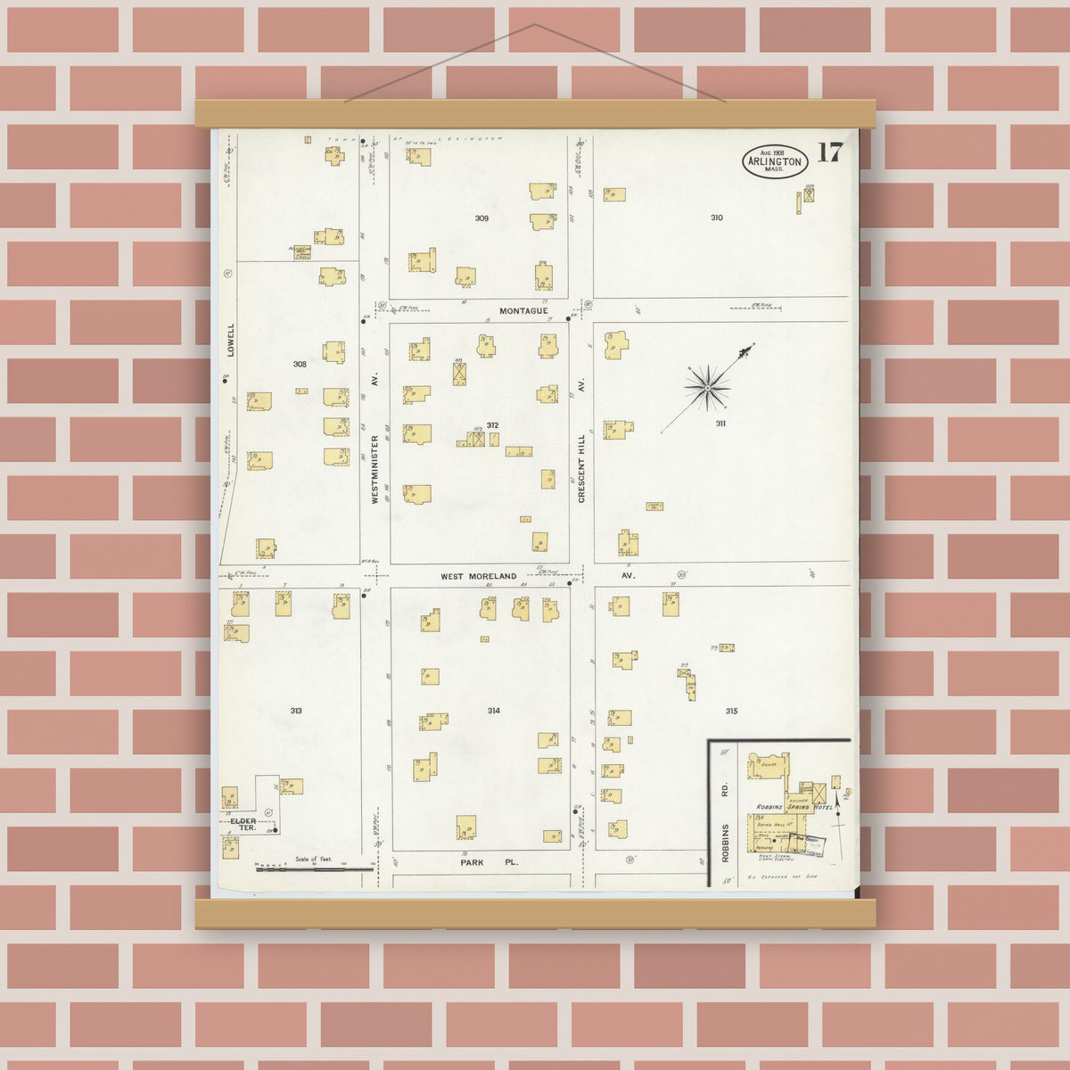 Old map wall art mockup — magnetic wood frame on brick wall — Sanborn Fire Insurance Map from Arlington, Middlesex County, Massachusetts (1908), Sheet #0017