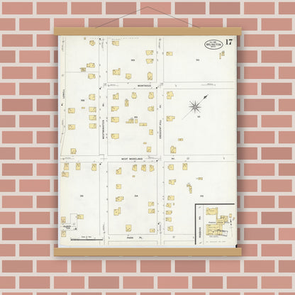 Old map wall art mockup — magnetic wood frame on brick wall — Sanborn Fire Insurance Map from Arlington, Middlesex County, Massachusetts (1908), Sheet #0017