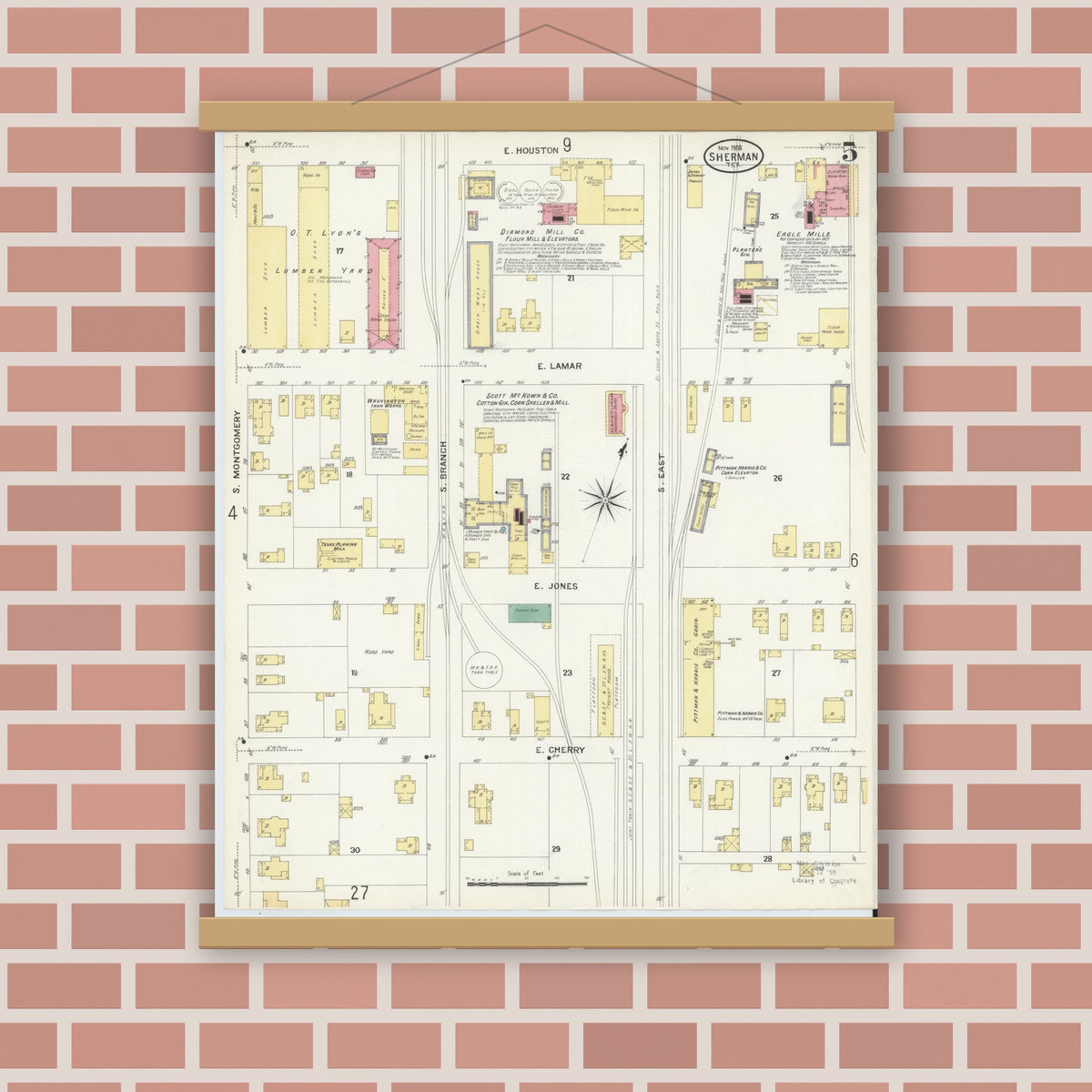 Old map wall art mockup — magnetic wood frame on brick wall — Sanborn Fire Insurance Map from Sherman, Grayson County, Texas (1908), Sheet #0005