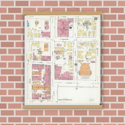 Old map wall art mockup — magnetic wood frame on brick wall — Sanborn Fire Insurance Map from Ann Arbor, Washtenaw County, Michigan (1916), Sheet #0013