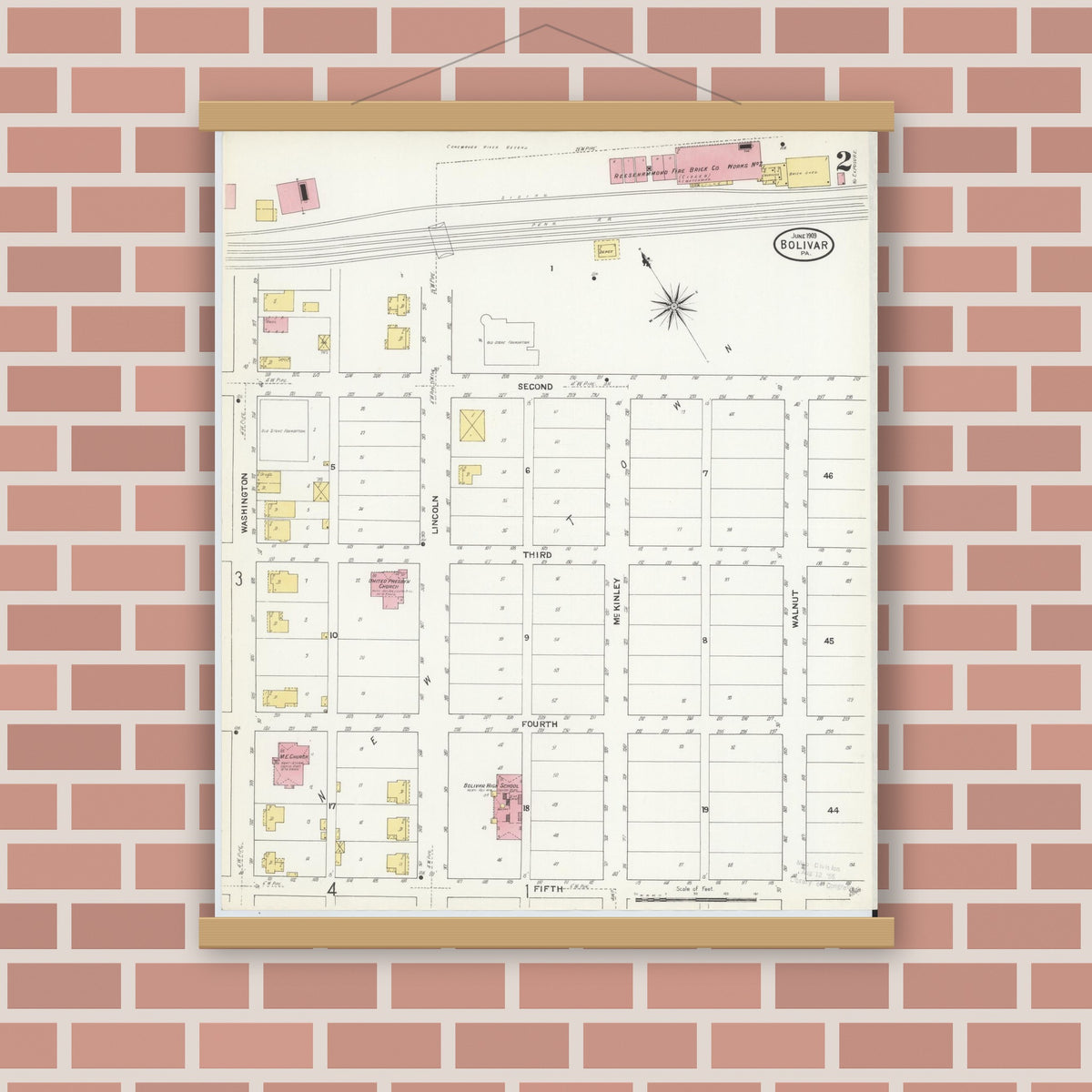 Old map wall art mockup — magnetic wood frame on brick wall — Sanborn Fire Insurance Map from Bolivar, Westmoreland County, Pennsylvania (1909), Sheet #0002