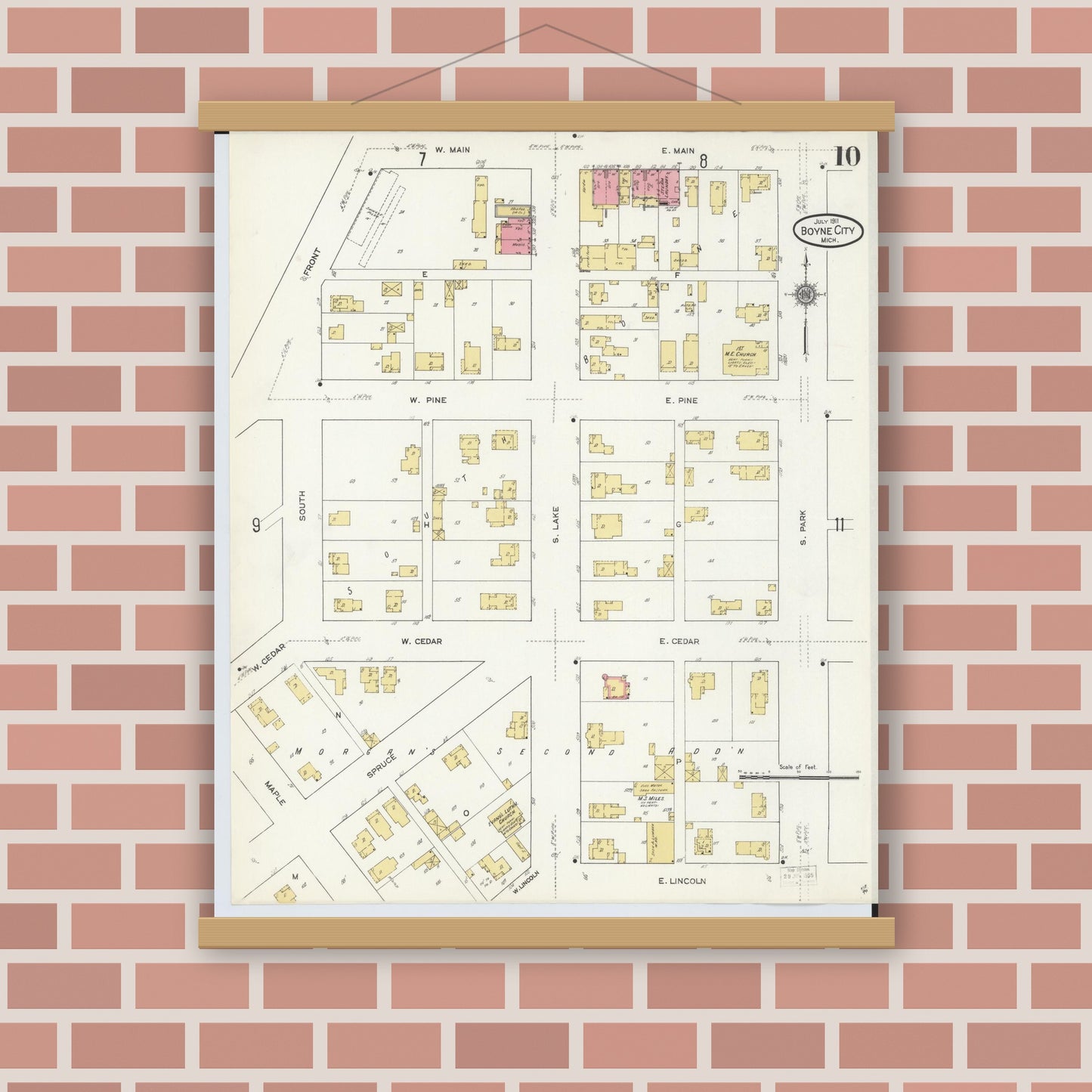 Old map wall art mockup — magnetic wood frame on brick wall — Sanborn Fire Insurance Map from Boyne City, Charlevoix County, Michigan (1911), Sheet #0010