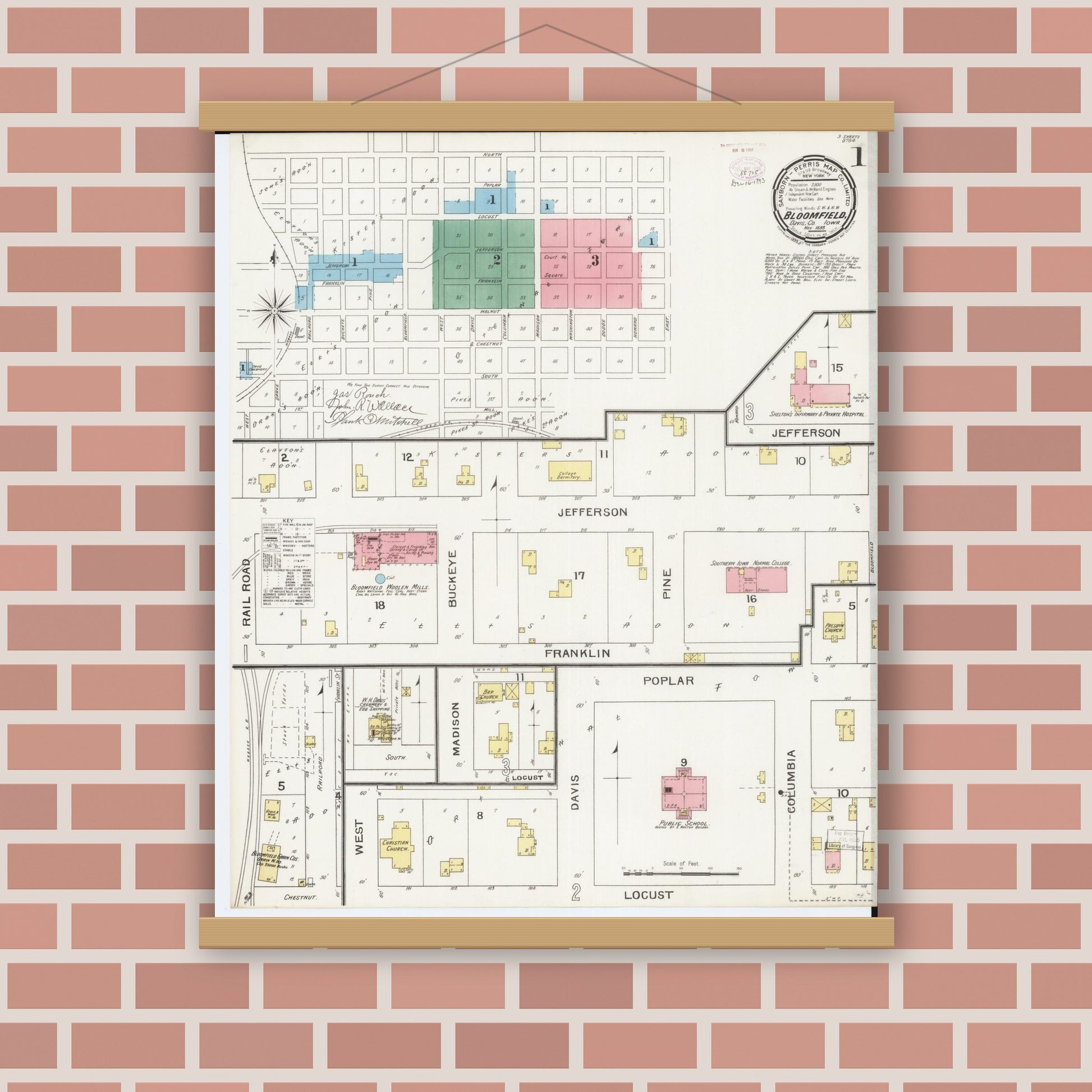 Old map wall art mockup — magnetic wood frame on brick wall — Sanborn Fire Insurance Map from Bloomfield, Davis County, Iowa (1893) â€” Complete Set