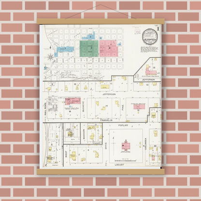 Old map wall art mockup — magnetic wood frame on brick wall — Sanborn Fire Insurance Map from Bloomfield, Davis County, Iowa (1893) â€” Complete Set
