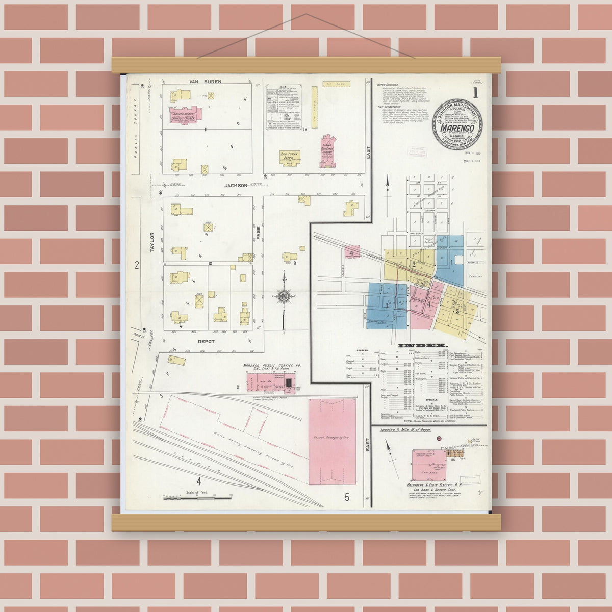 Old map wall art mockup — magnetic wood frame on brick wall — Sanborn Fire Insurance Map from Marengo, McHenry County, Illinois (1912), Sheet #0001