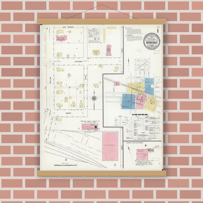 Old map wall art mockup — magnetic wood frame on brick wall — Sanborn Fire Insurance Map from Marengo, McHenry County, Illinois (1912), Sheet #0001