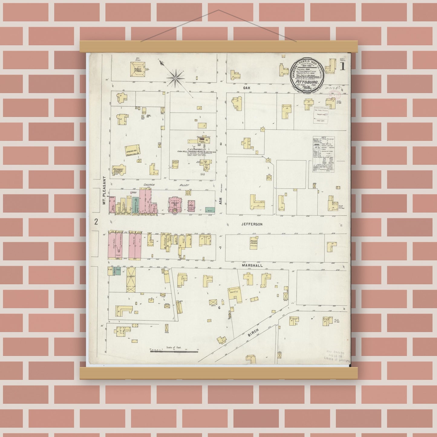 Old map wall art mockup — magnetic wood frame on brick wall — Sanborn Fire Insurance Map from Pittsburg, Camp County, Texas (1896) - Complete Map Set