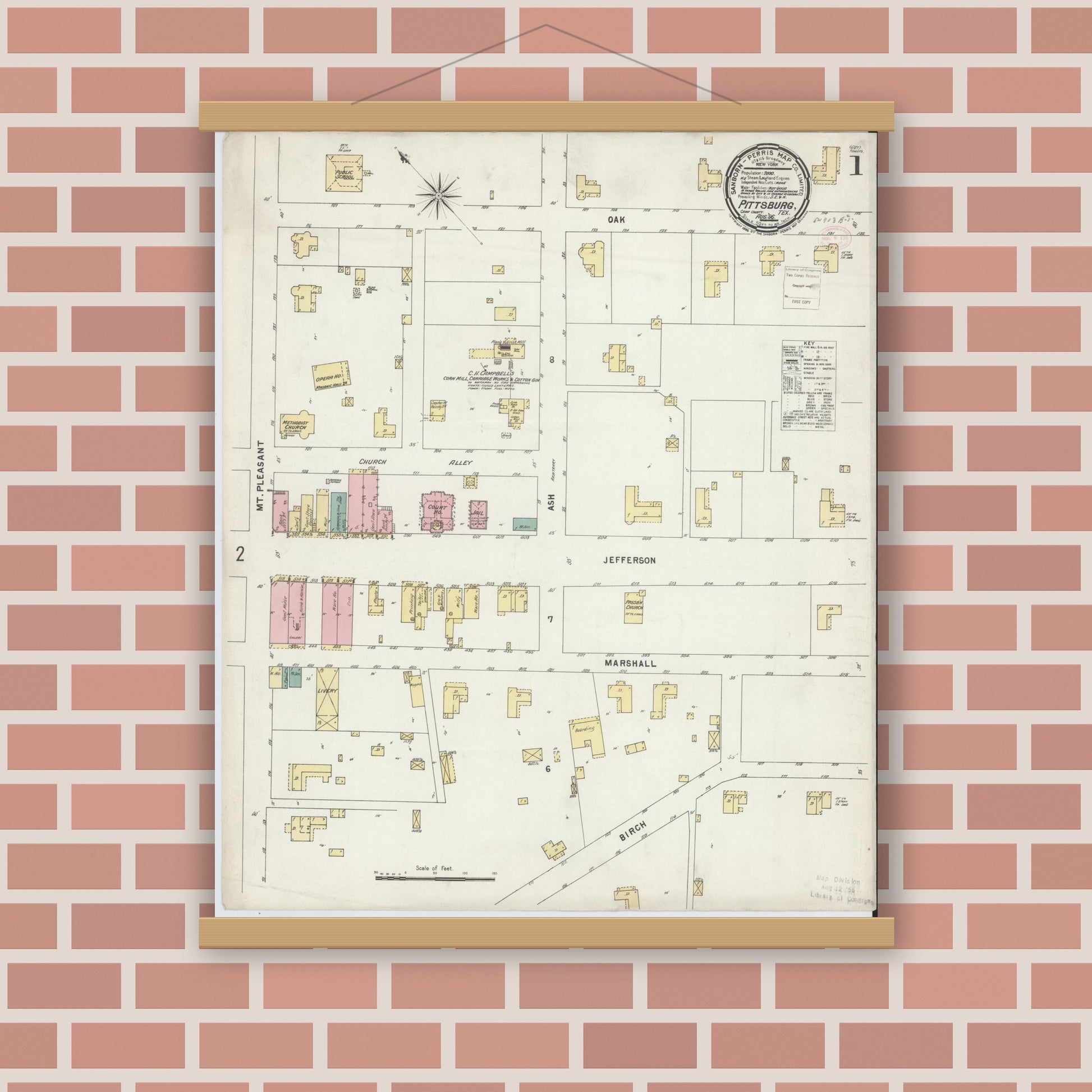 Old map wall art mockup — magnetic wood frame on brick wall — Sanborn Fire Insurance Map from Pittsburg, Camp County, Texas (1896) - Complete Map Set