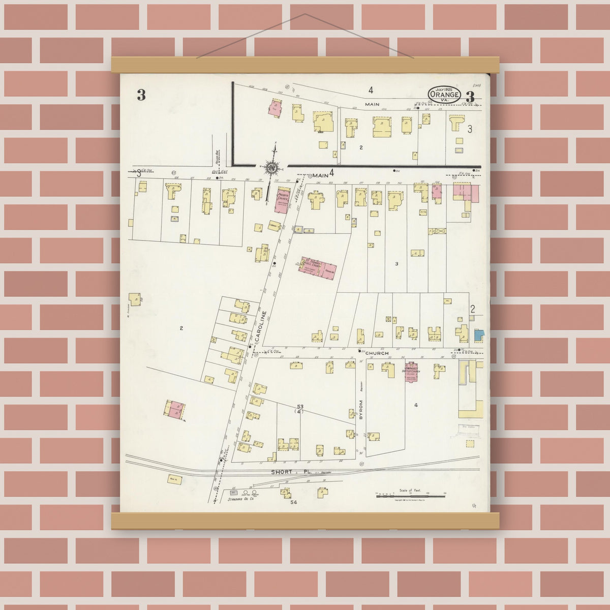 Old map wall art mockup — magnetic wood frame on brick wall — Sanborn Fire Insurance Map from Orange, Orange County, Virginia (1925), Sheet #0003