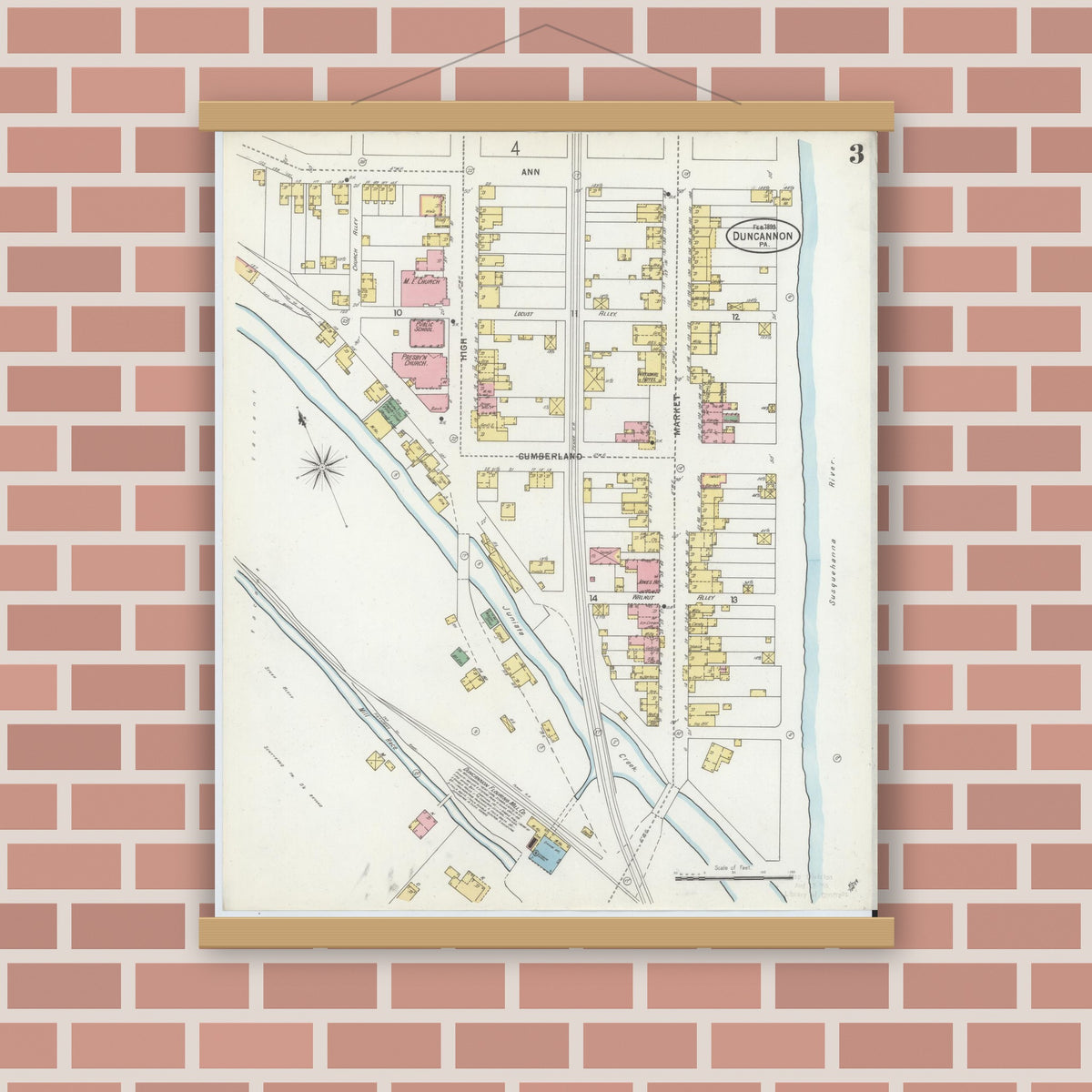 Old map wall art mockup — magnetic wood frame on brick wall — Sanborn Fire Insurance Map from Duncannon, Perry County, Pennsylvania (1899), Sheet #0003