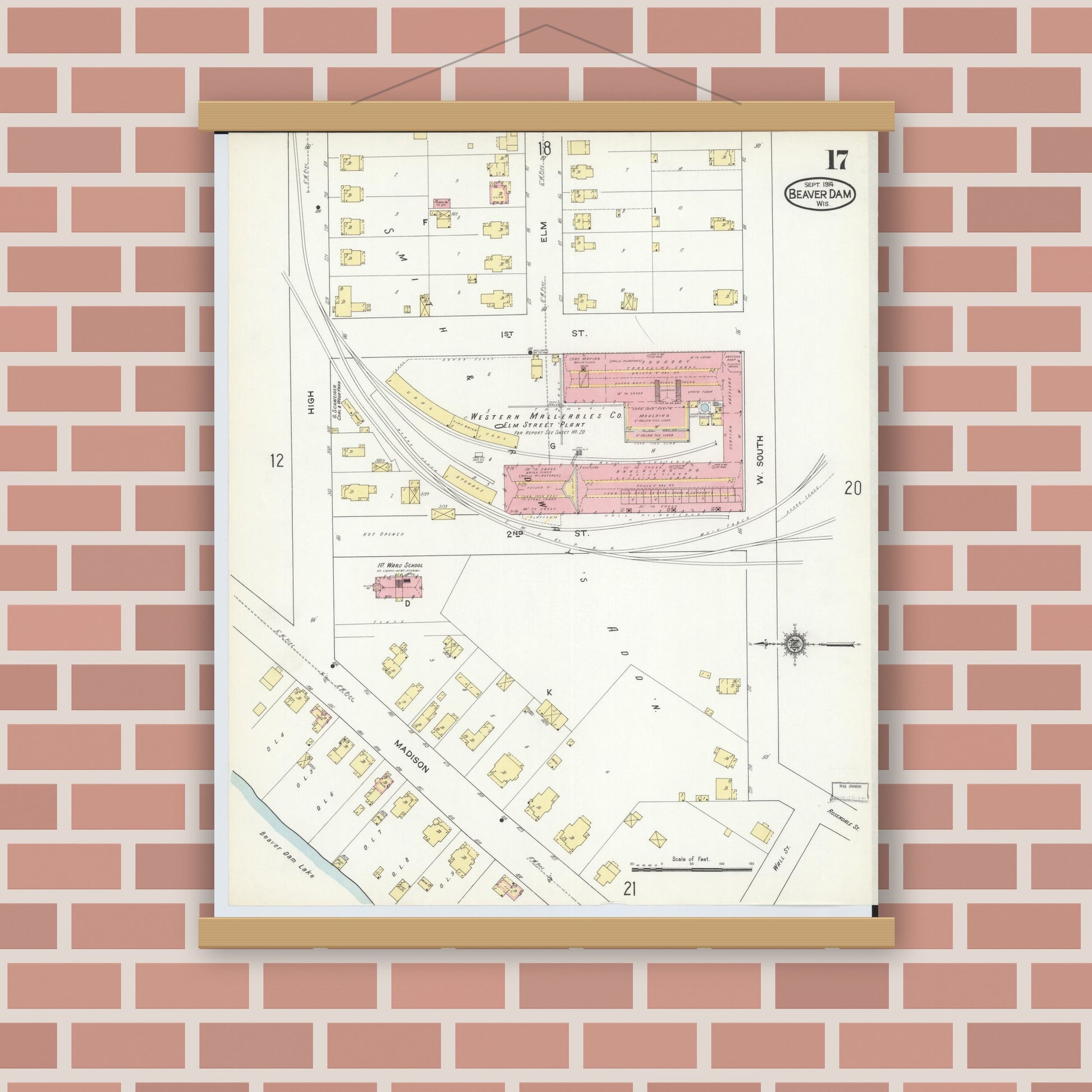 Old map wall art mockup — magnetic wood frame on brick wall — Sanborn Fire Insurance Map from Beaver Dam, Dodge County, Wisconsin (1914), Sheet #0017