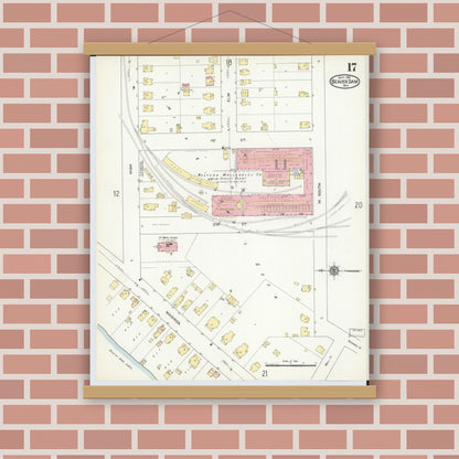Old map wall art mockup — magnetic wood frame on brick wall — Sanborn Fire Insurance Map from Beaver Dam, Dodge County, Wisconsin (1914), Sheet #0017