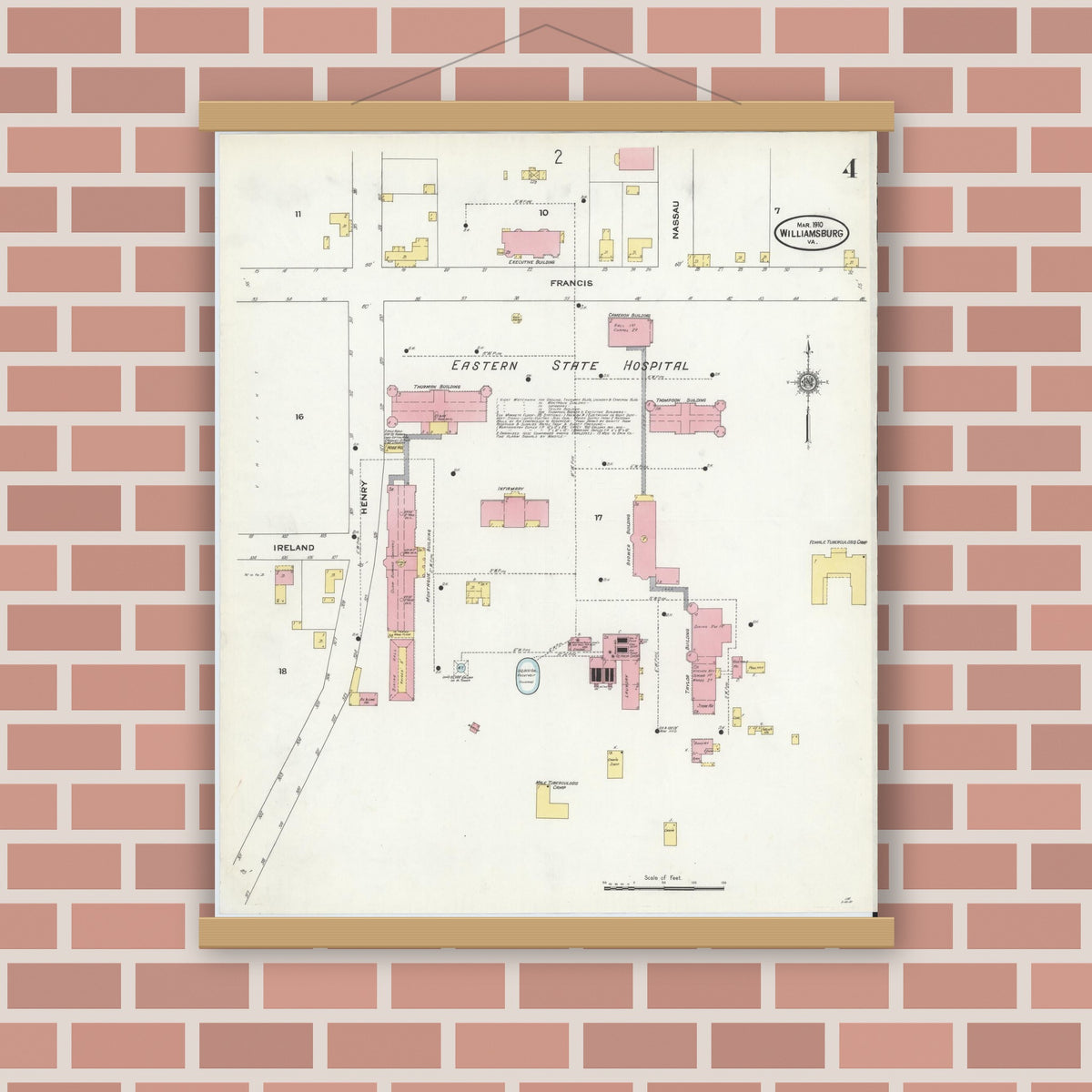 Old map wall art mockup — magnetic wood frame on brick wall — Sanborn Fire Insurance Map from Williamsburg, Independent Cities, Virginia (1910), Sheet #0004