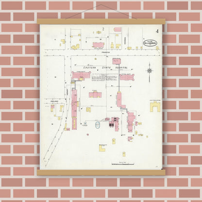Old map wall art mockup — magnetic wood frame on brick wall — Sanborn Fire Insurance Map from Williamsburg, Independent Cities, Virginia (1910), Sheet #0004