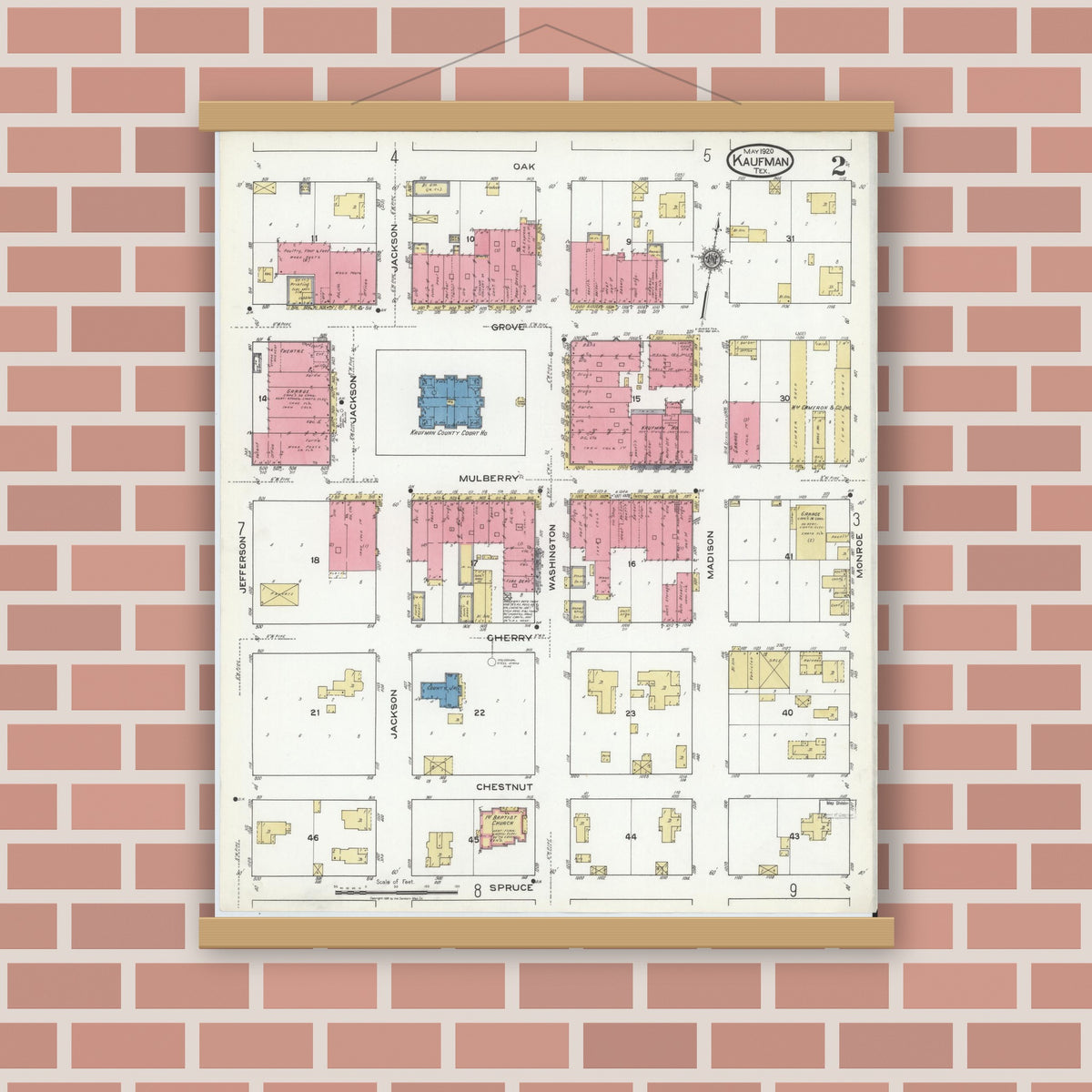 Old map wall art mockup — magnetic wood frame on brick wall — Sanborn Fire Insurance Map from Kaufman, Kaufman County, Texas (1920), Sheet #0002