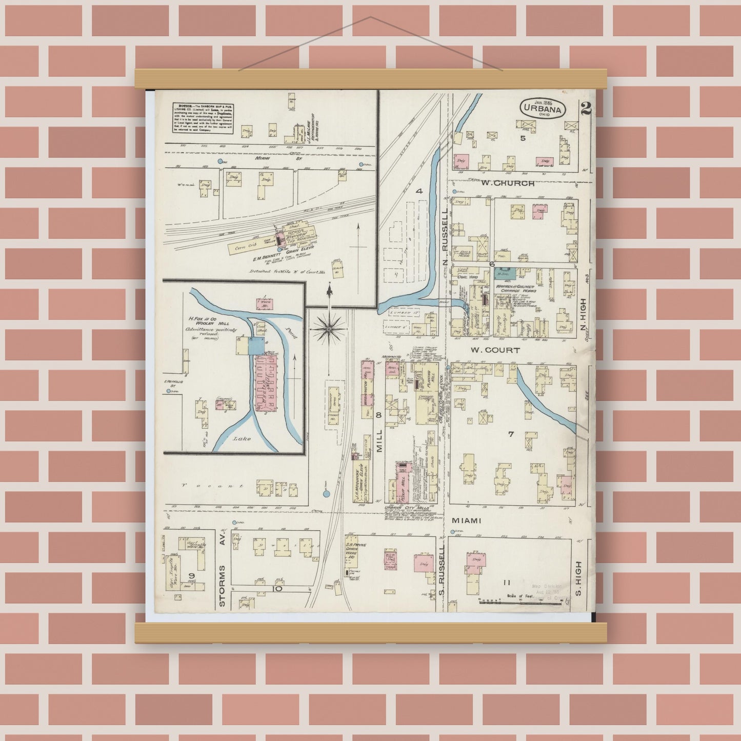 Old map wall art mockup — magnetic wood frame on brick wall — Sanborn Fire Insurance Map from Urbana, Champaign County, Ohio (1885), Sheet #0002